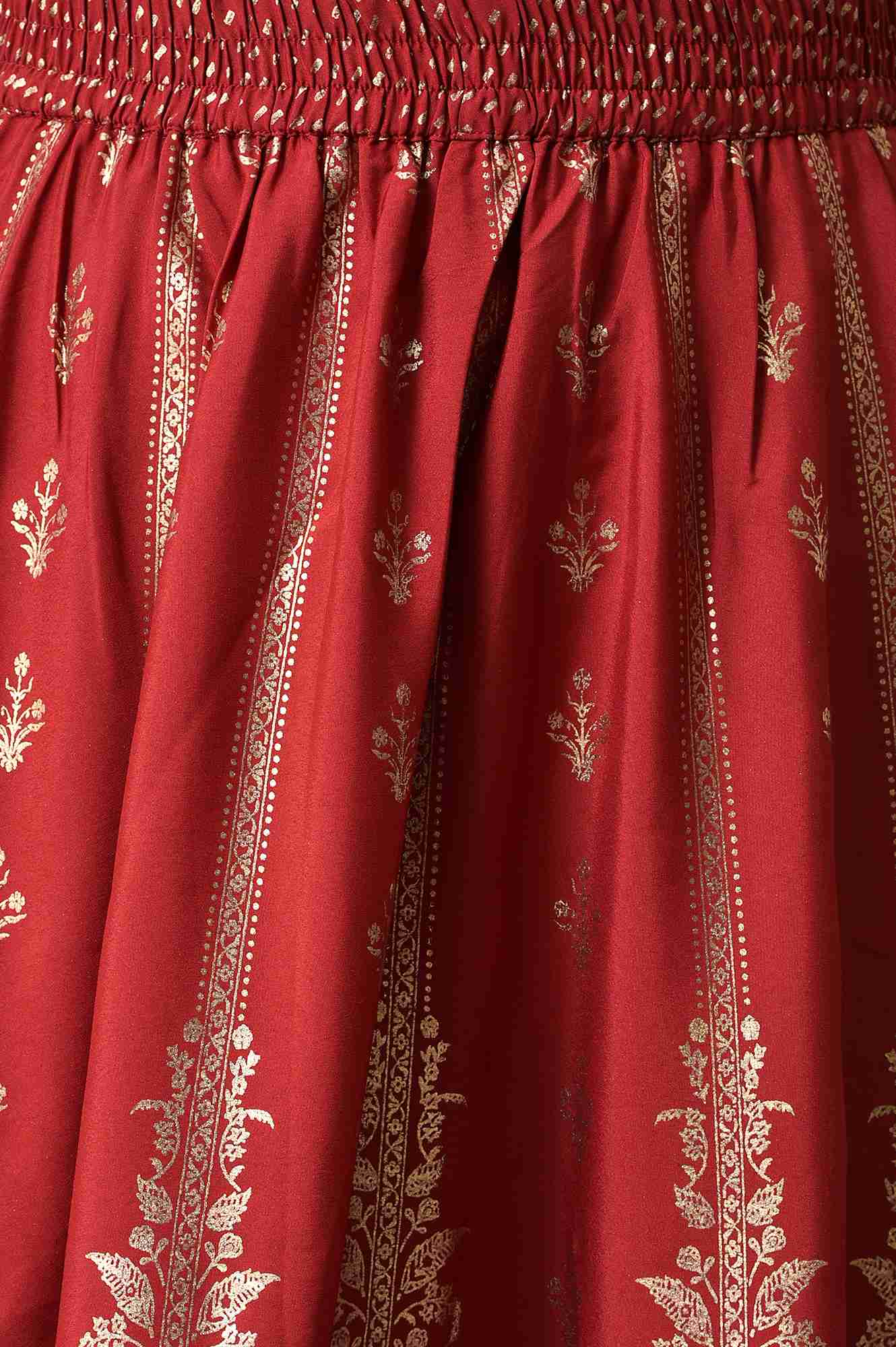 Maroon Floral Printed Flared Woven Skirt With Elasticated Waist