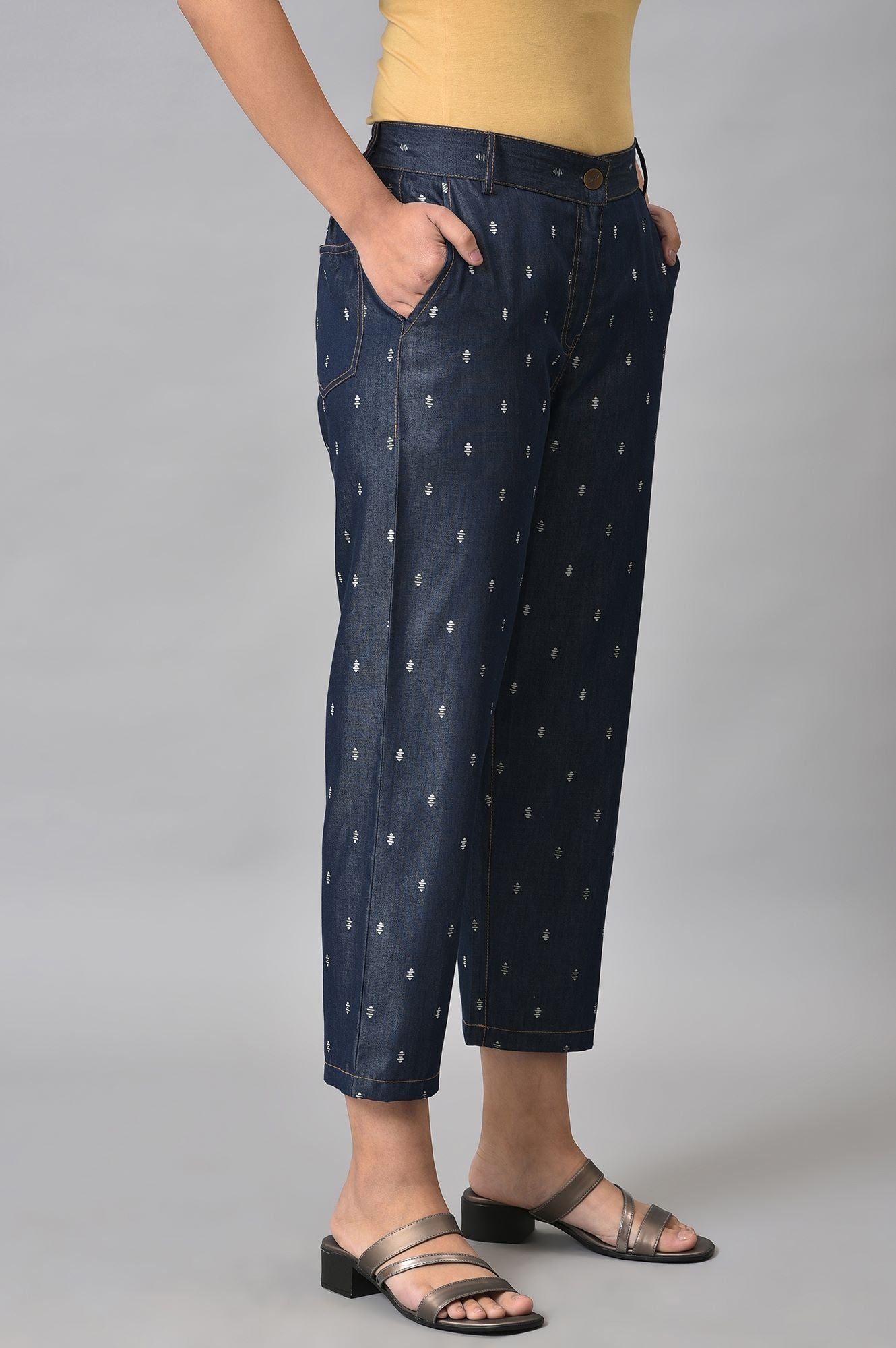 Navy Blue Geometric Printed Straight Fit Denim Pants With Elasticated Waistband