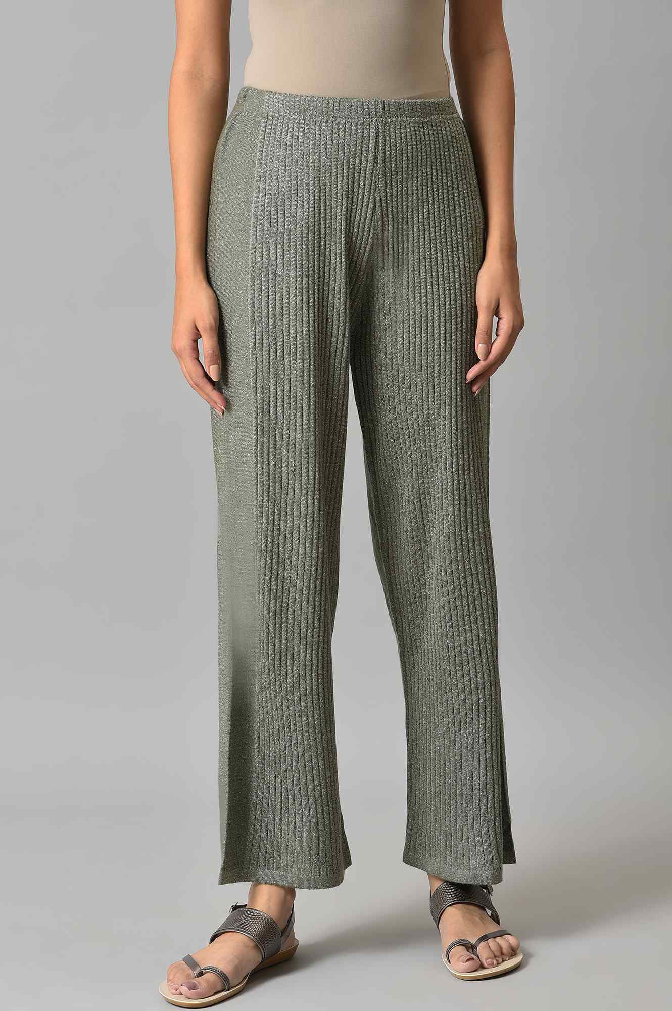 Muted Sage Green Solid Boot Cut Acrylic Palazzo With Elasticated Waist