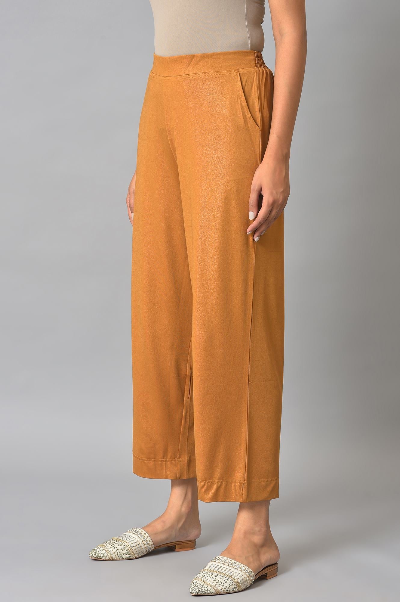 Brown Solid Straight Fit Palazzo With Slip On Closure