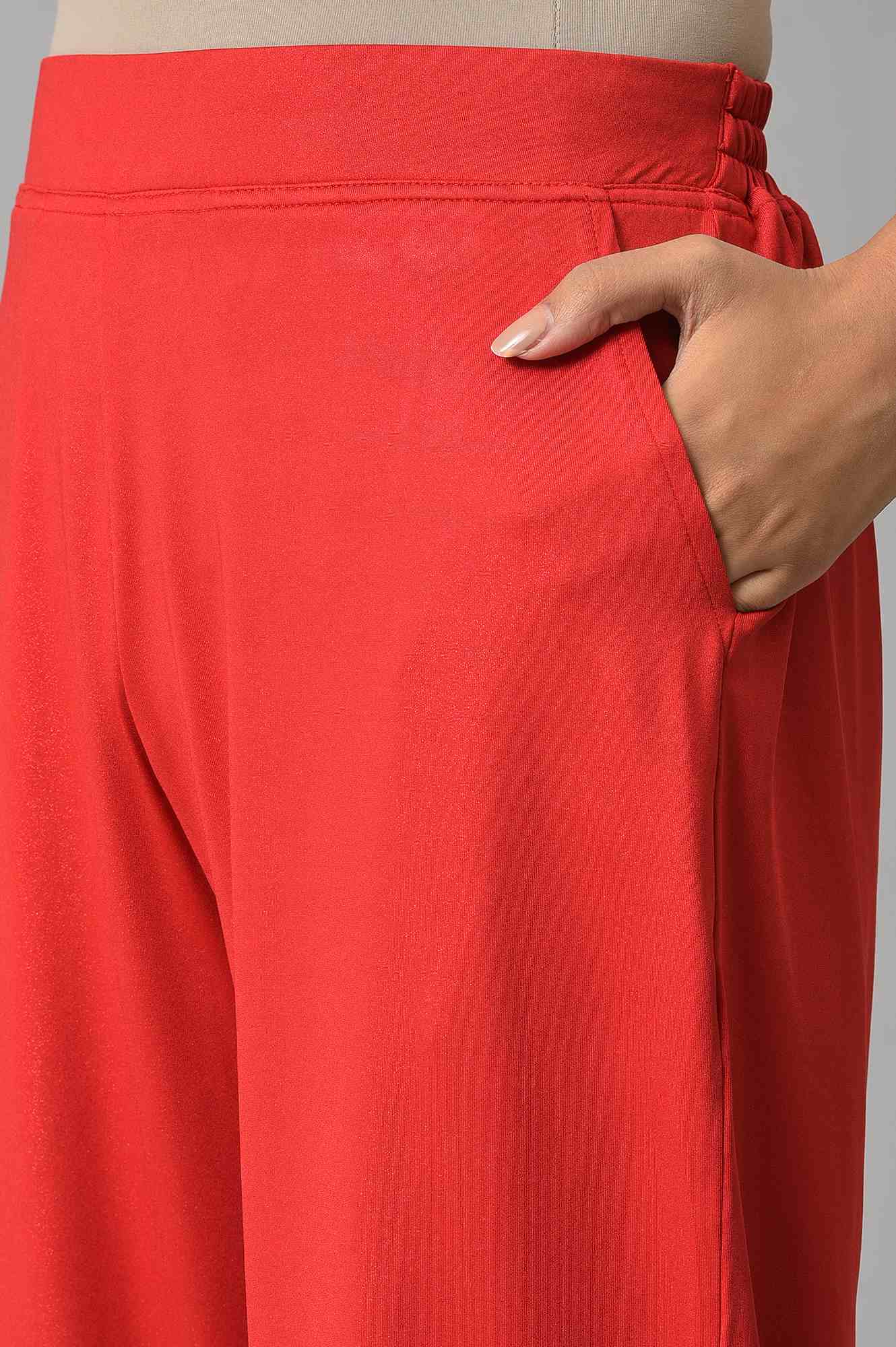 Red Solid Straight Fit Palazzo With Side Pockets