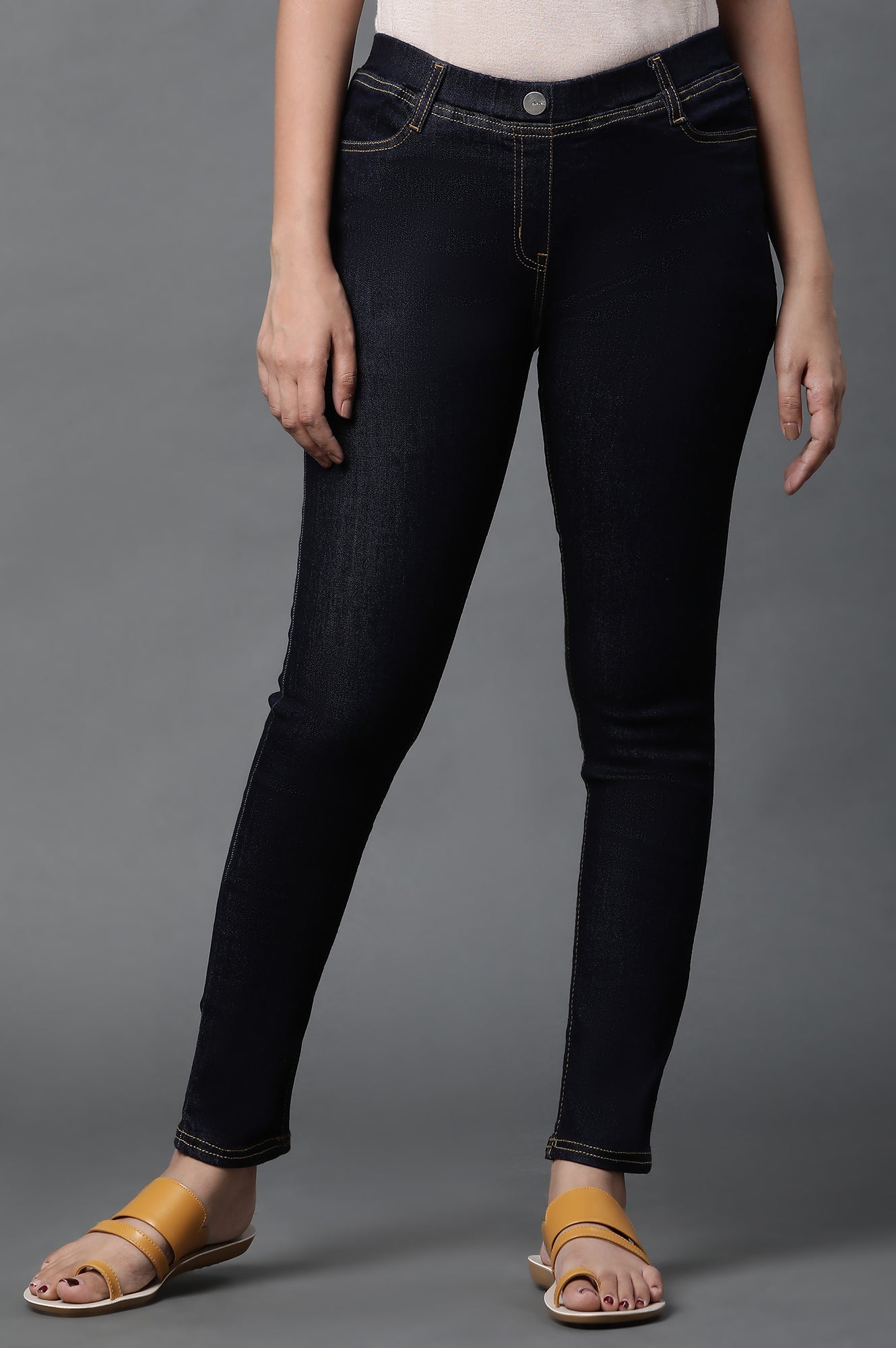 Mid Blue Solid Skinny Fit Denim Jeggings with Elasticated Waistband