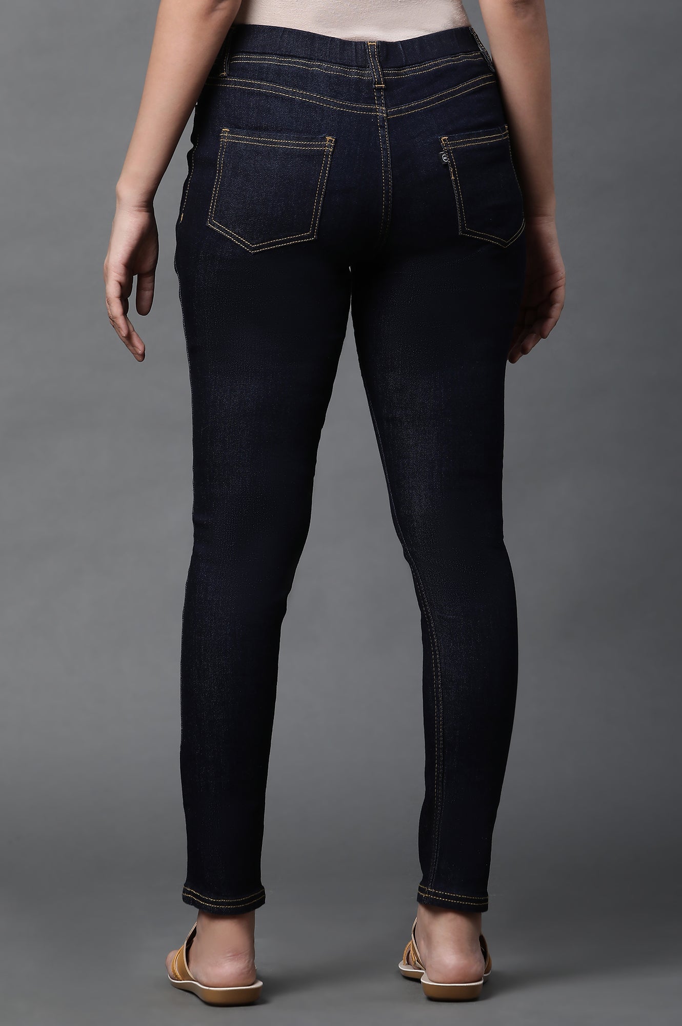 Mid Blue Solid Skinny Fit Denim Jeggings with Elasticated Waistband