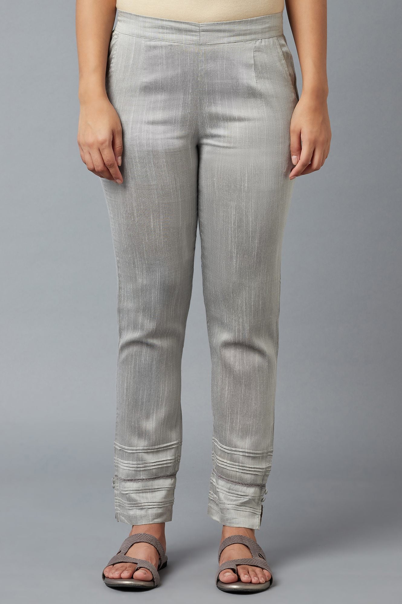 Grey Solid Straight Fit Trousers With Elasticated Waistband