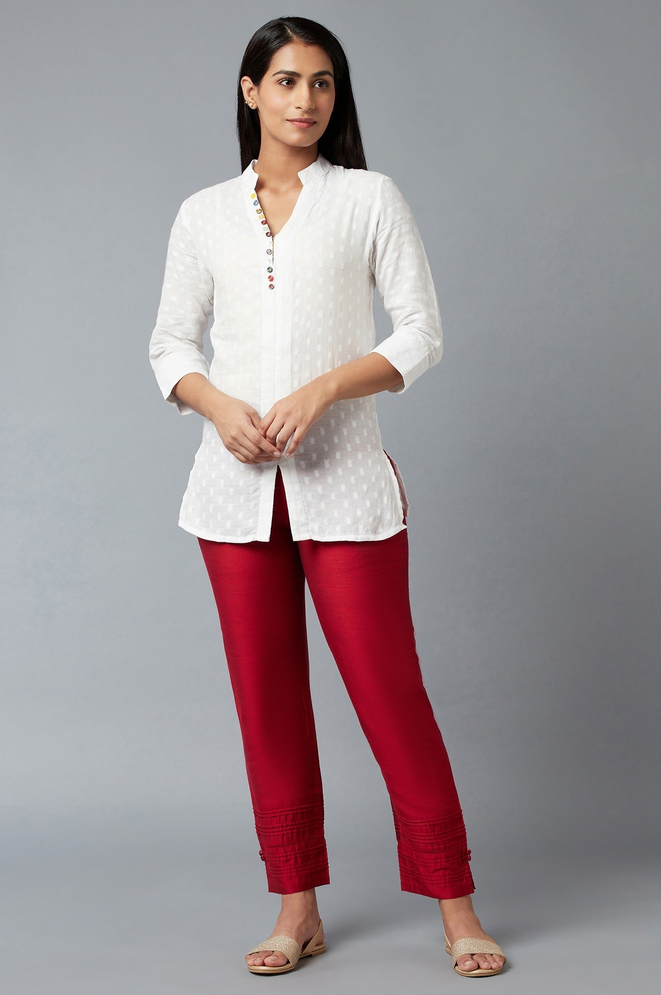 Red Solid Straight Fit Trousers With Elasticated Waist