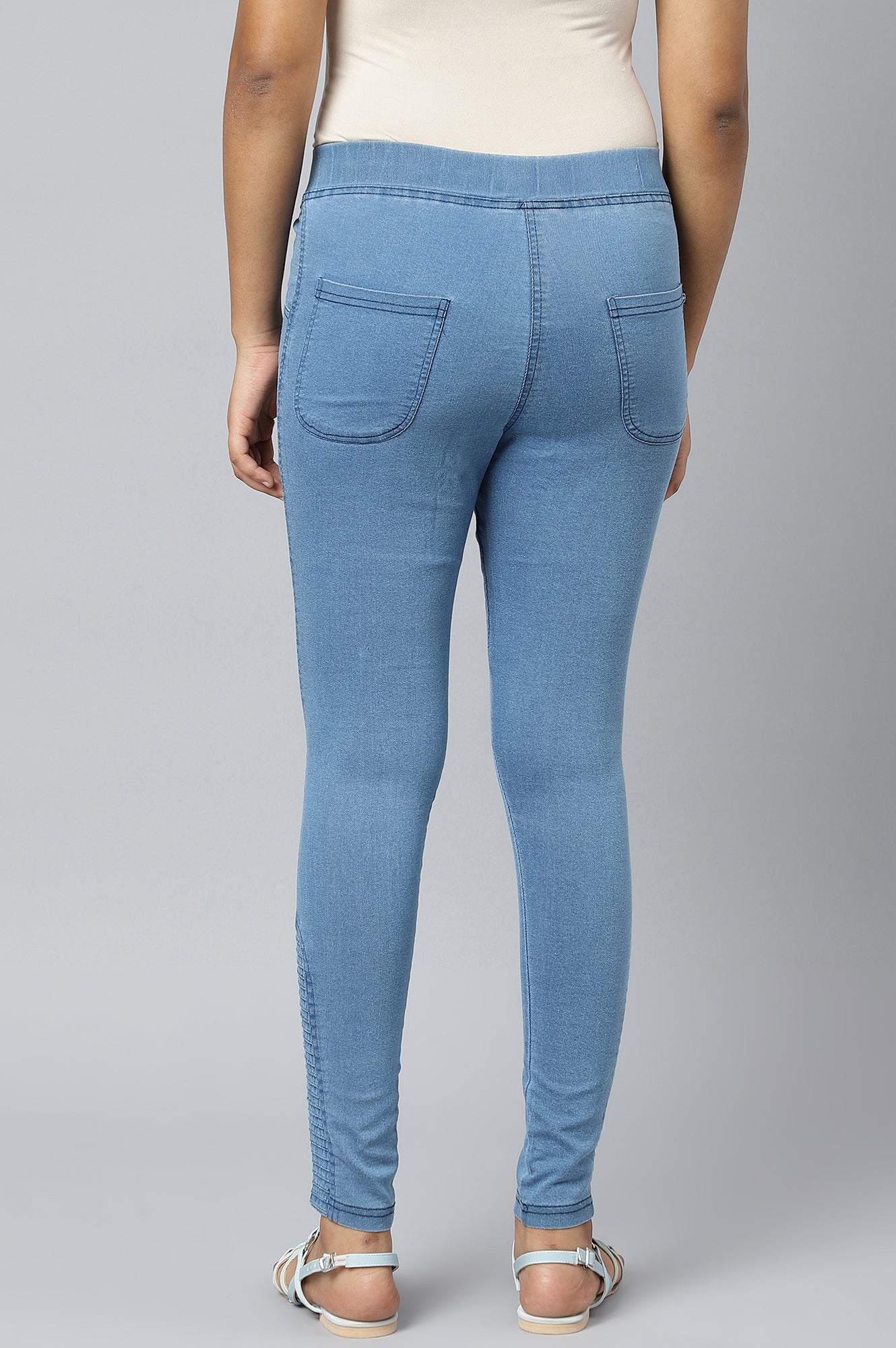 Ice Blue Solid Skinny Fit Denim Jeggings with Pintucks