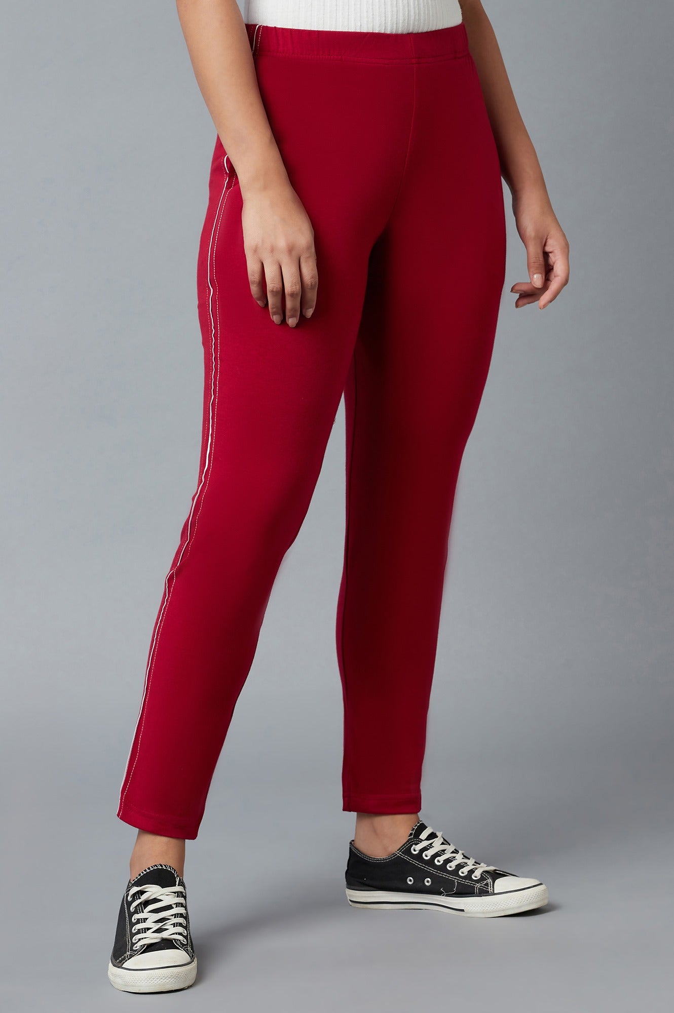 Red Solid Straight-fit Cotton Pants with Elasticated Waistband