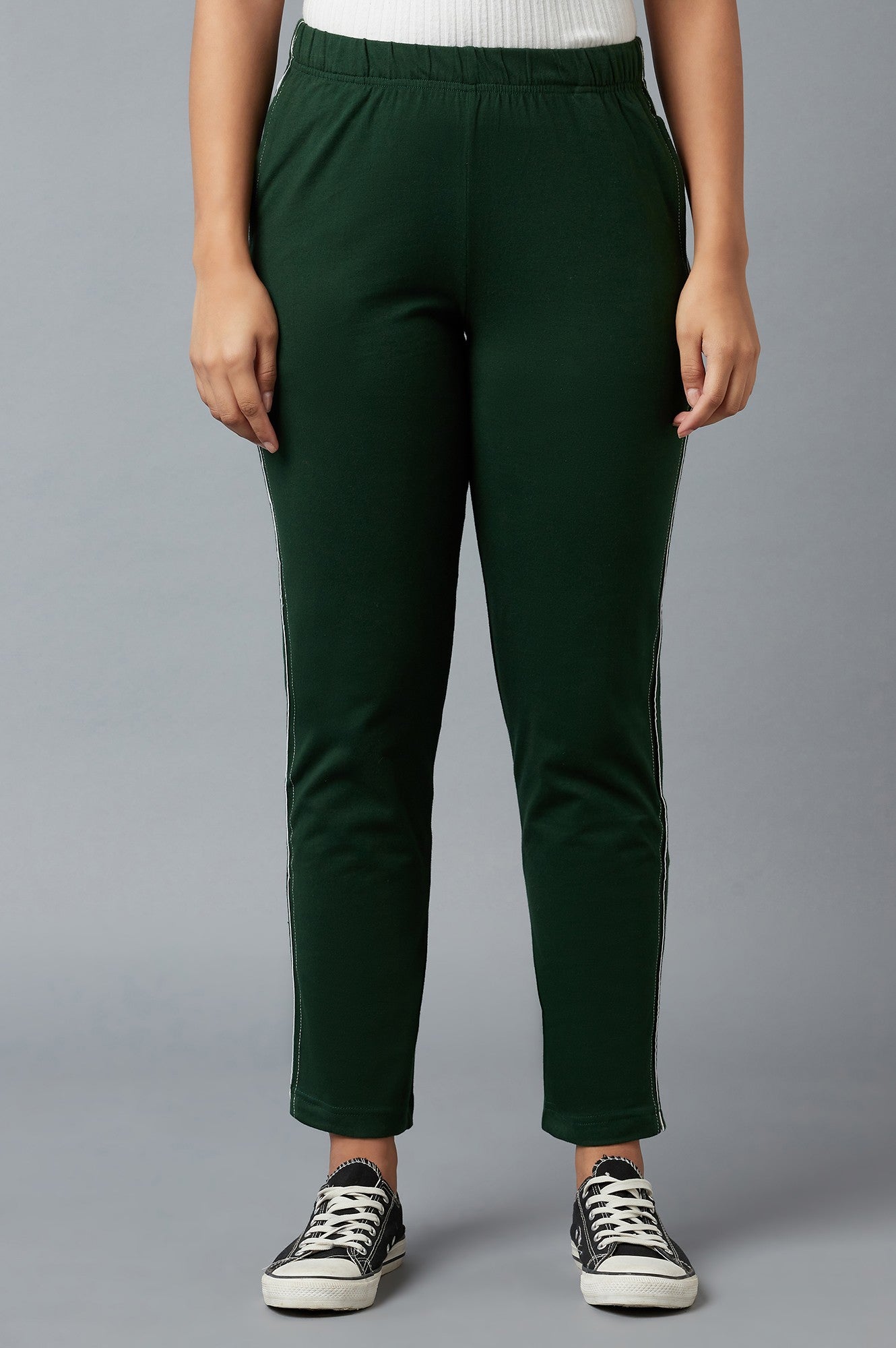 Dark Green Solid Straight Fit Cotton Pants With Elasticated Waistband