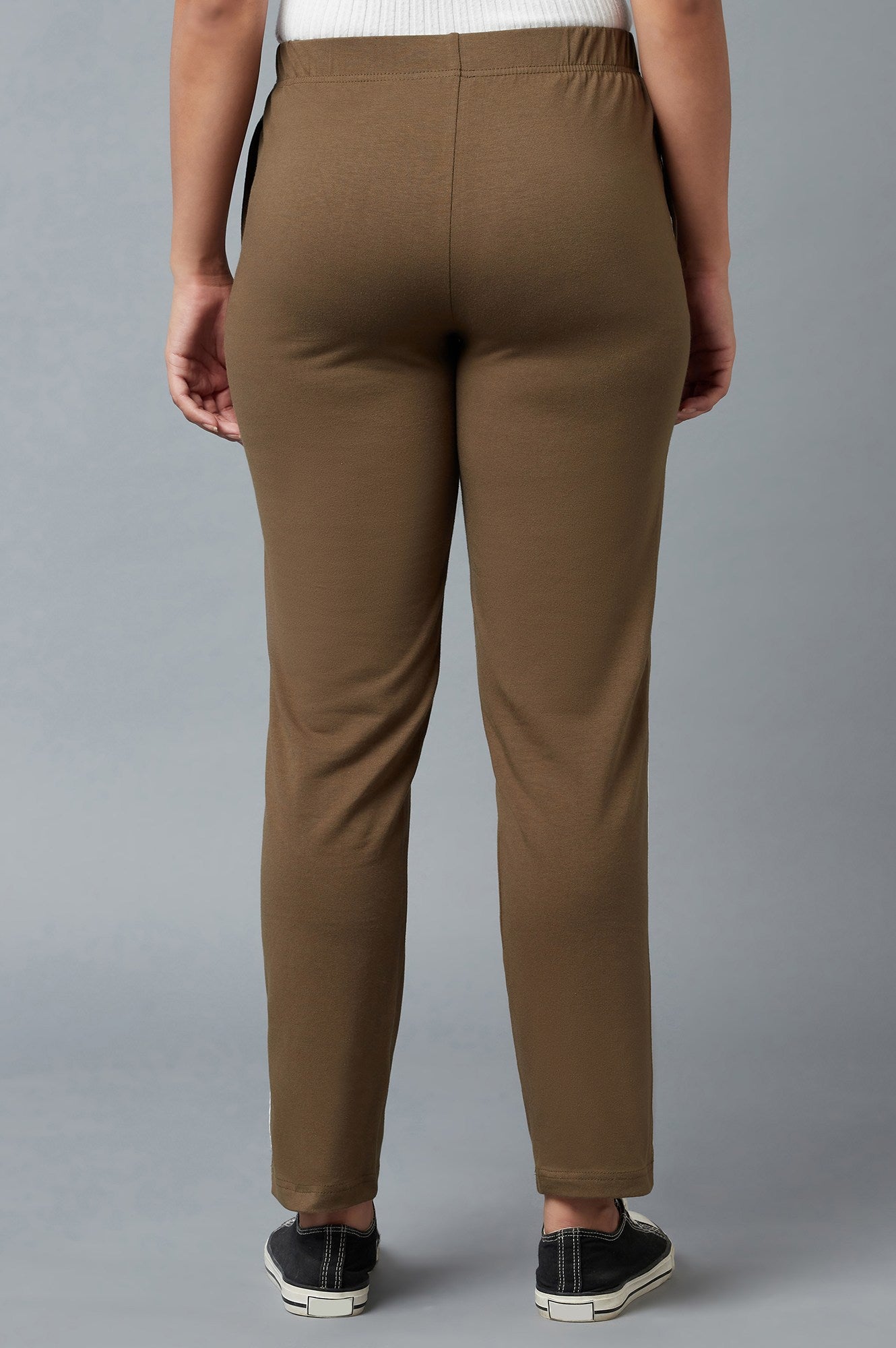 Brown Solid Straight-fit Cotton Pants with Elasticated Waist