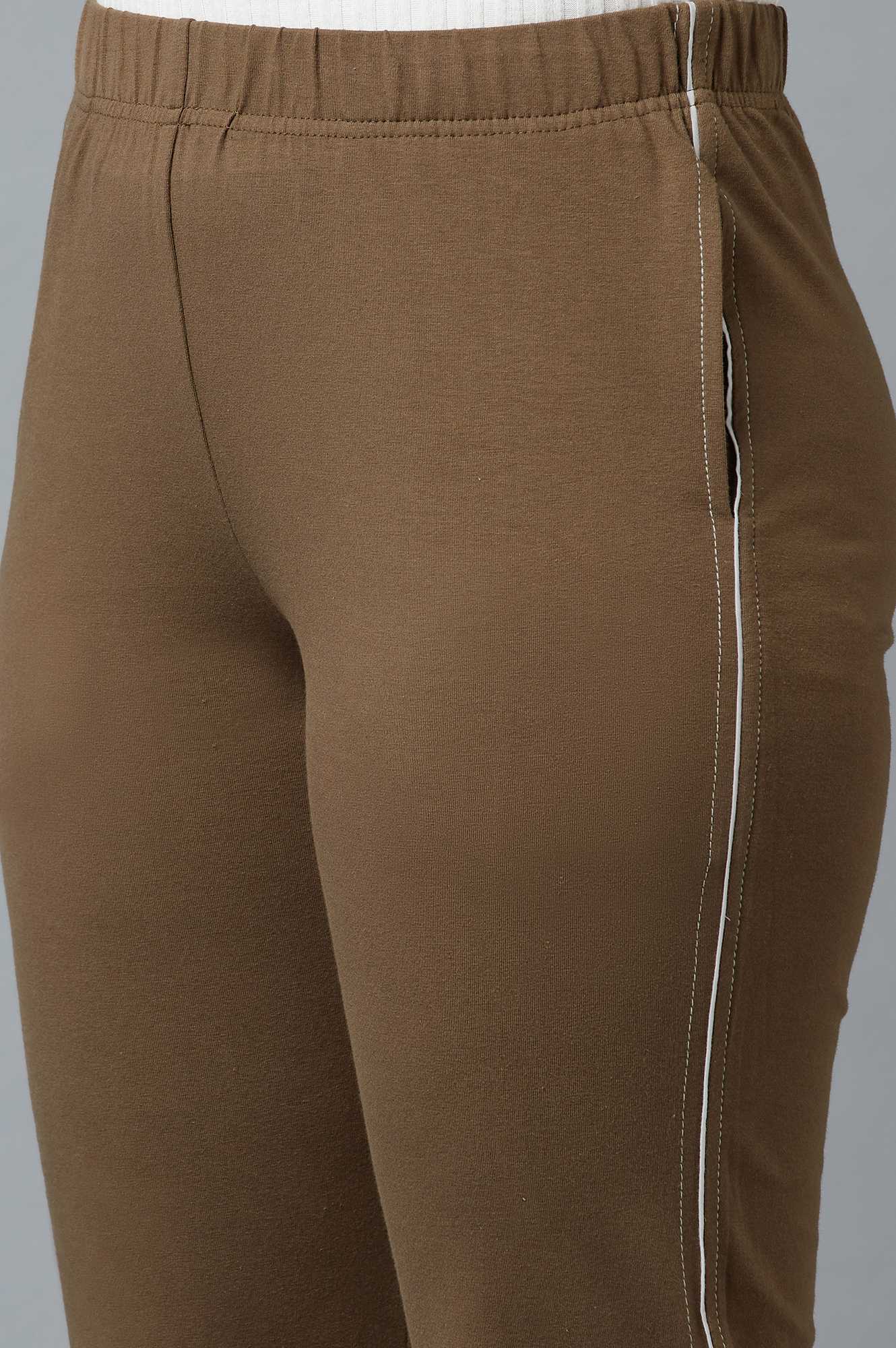 Brown Solid Straight-fit Cotton Pants with Elasticated Waist