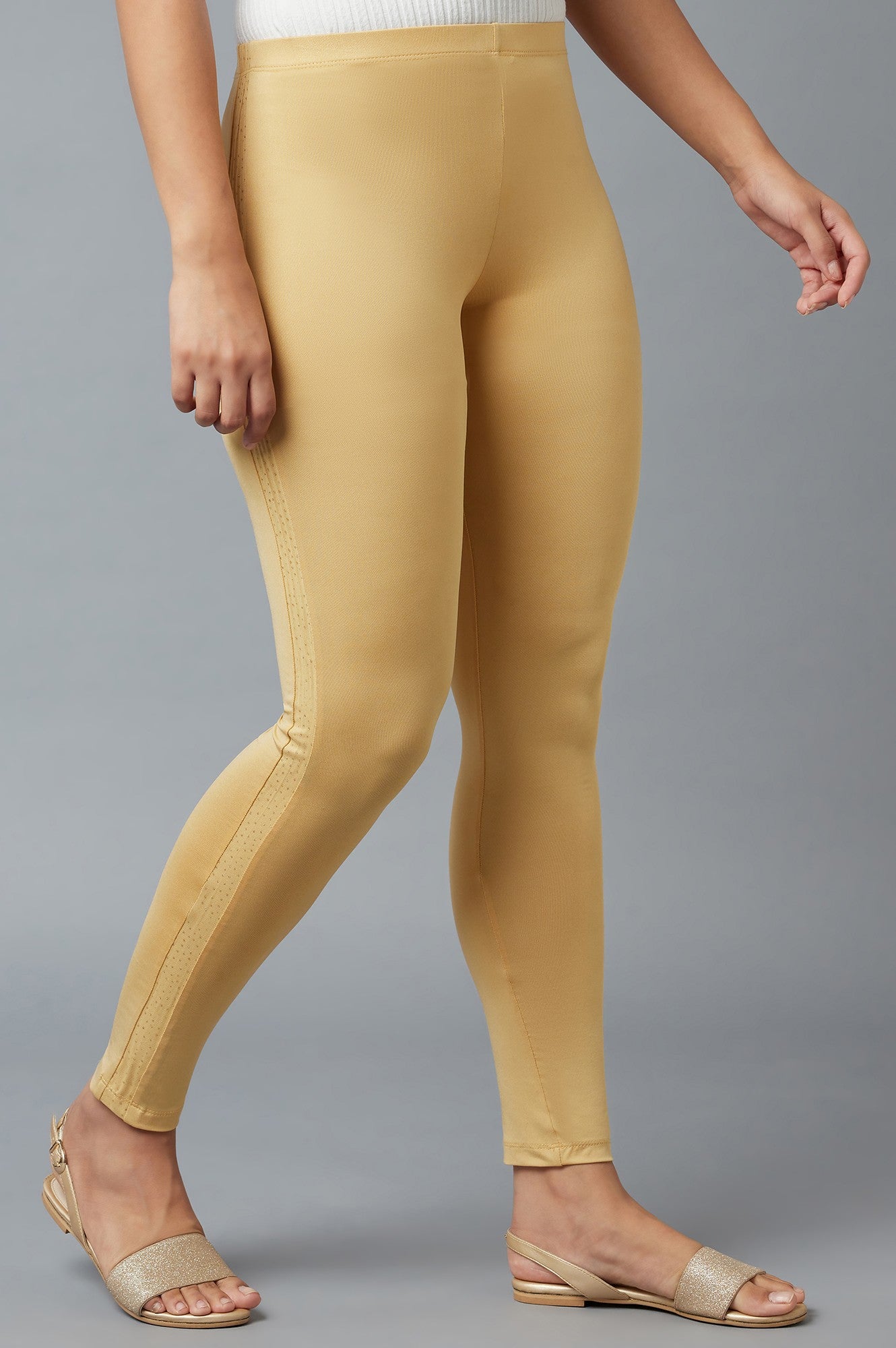 Gold Solid Skinny Poly Lycra Tights With Elasticated Waist