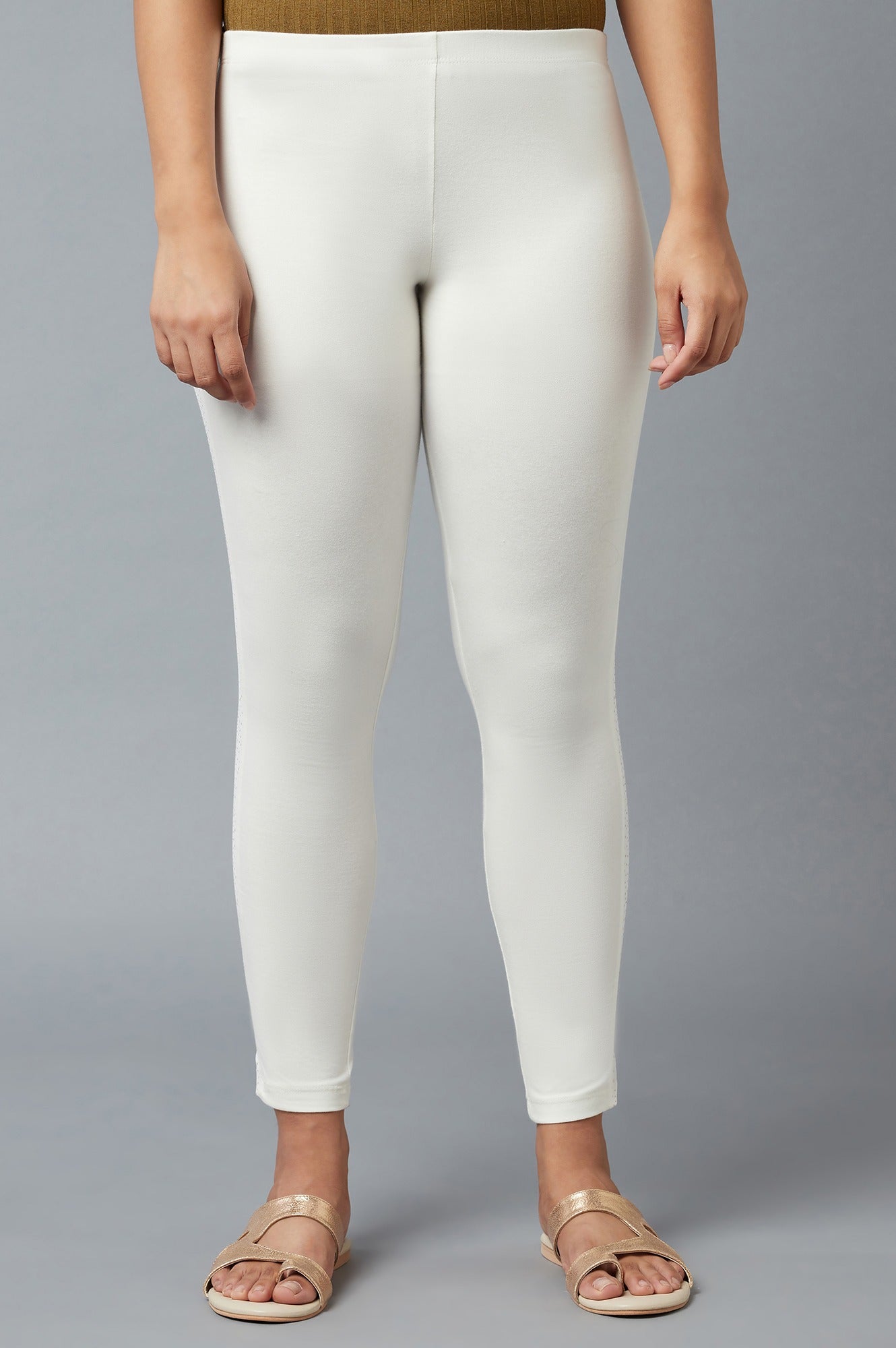 White Solid Skinny Fit Cotton Tights With Elasticated Waist