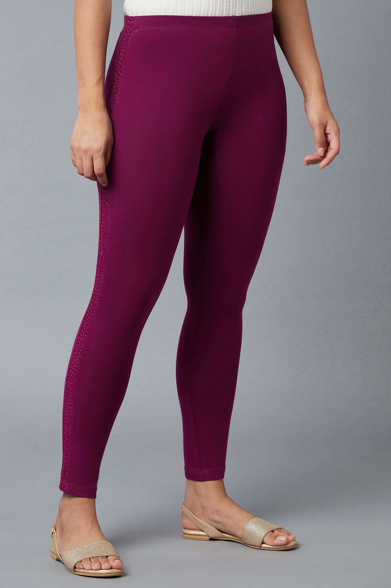 Purple Solid Skinny Fit Cotton Tights With Elasticated Waist