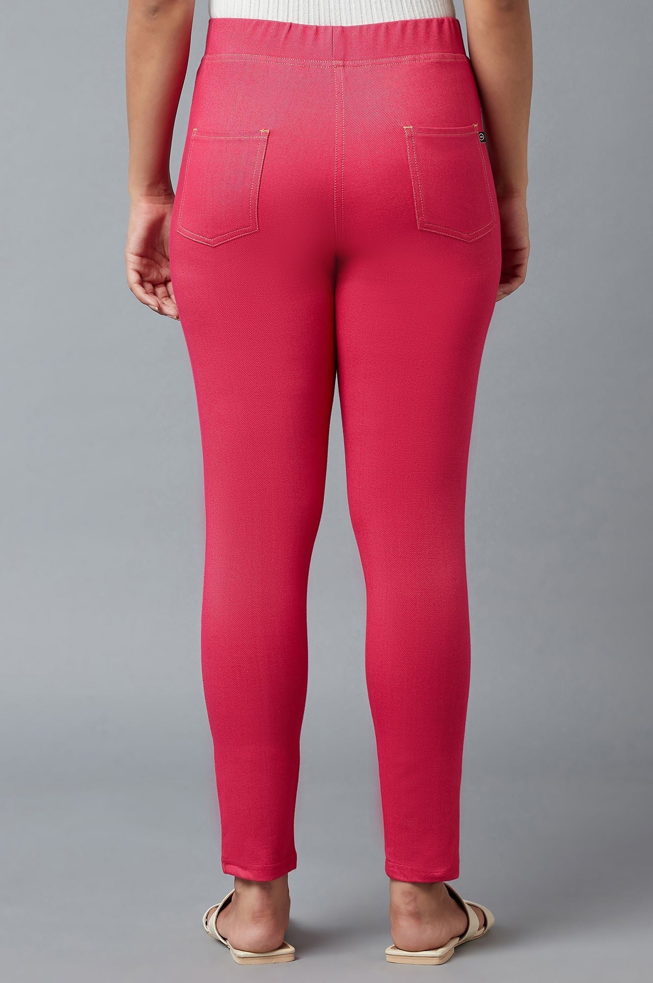Pink Solid Skinny Fit Cotton Jeggings With Elasticated Waist