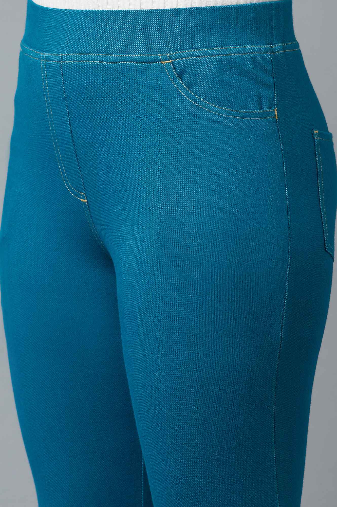 Ocean Blue Solid Skinny Fit Cotton Jeggings with Elasticated Waistband