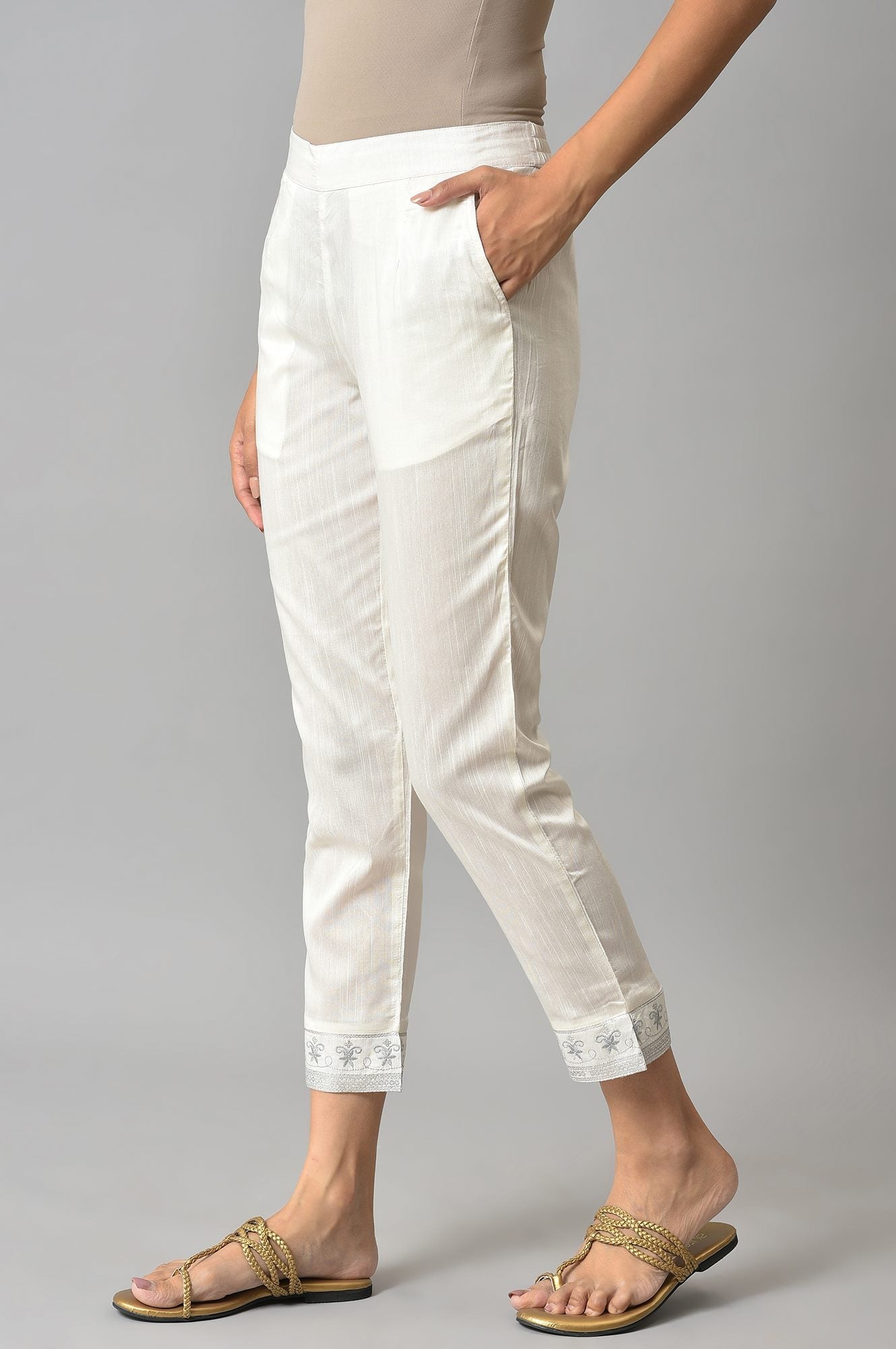 White Floral Wide Leg Cotton Pants With Elasticated Waist
