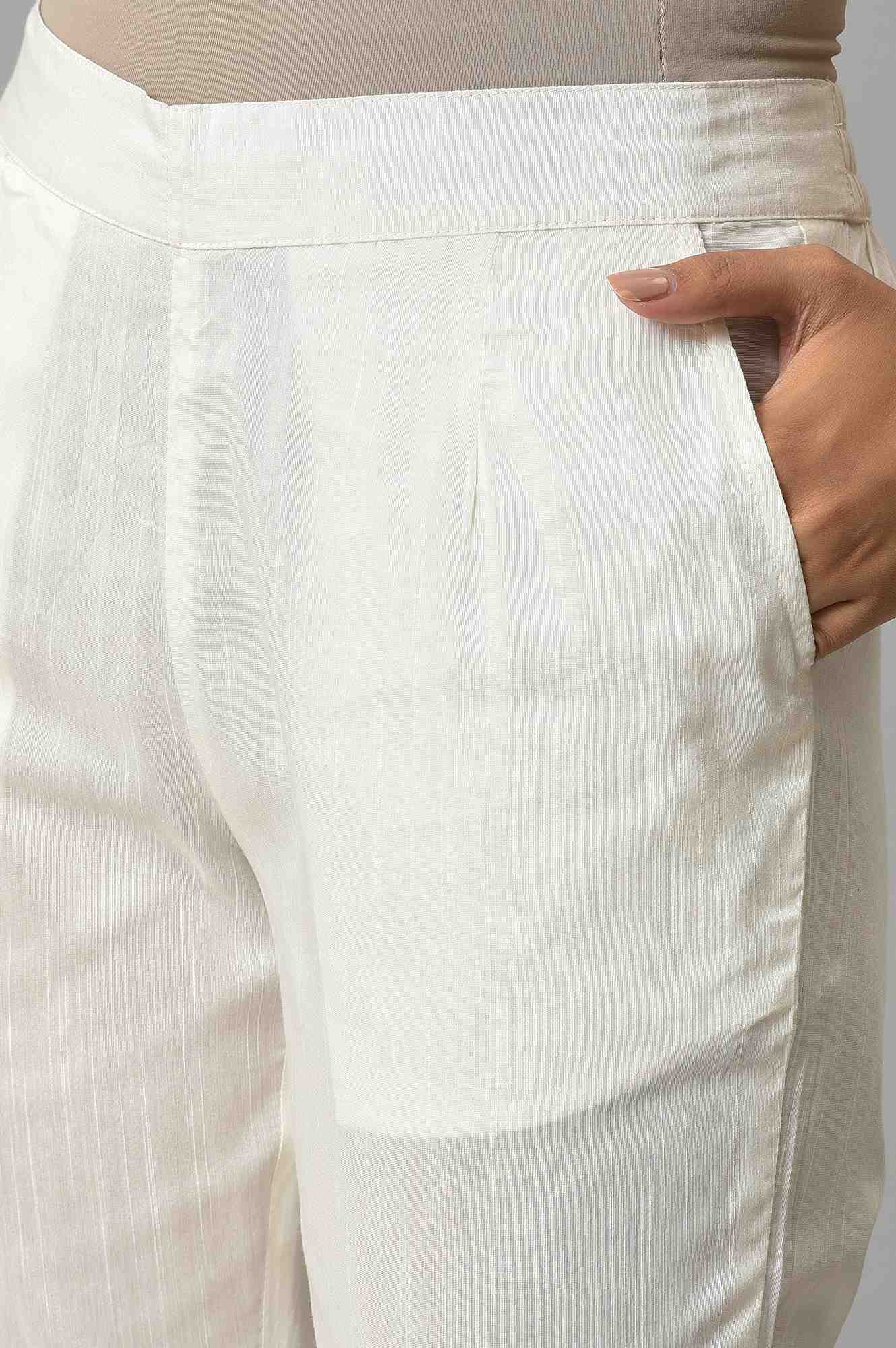 White Floral Wide Leg Cotton Pants With Elasticated Waist