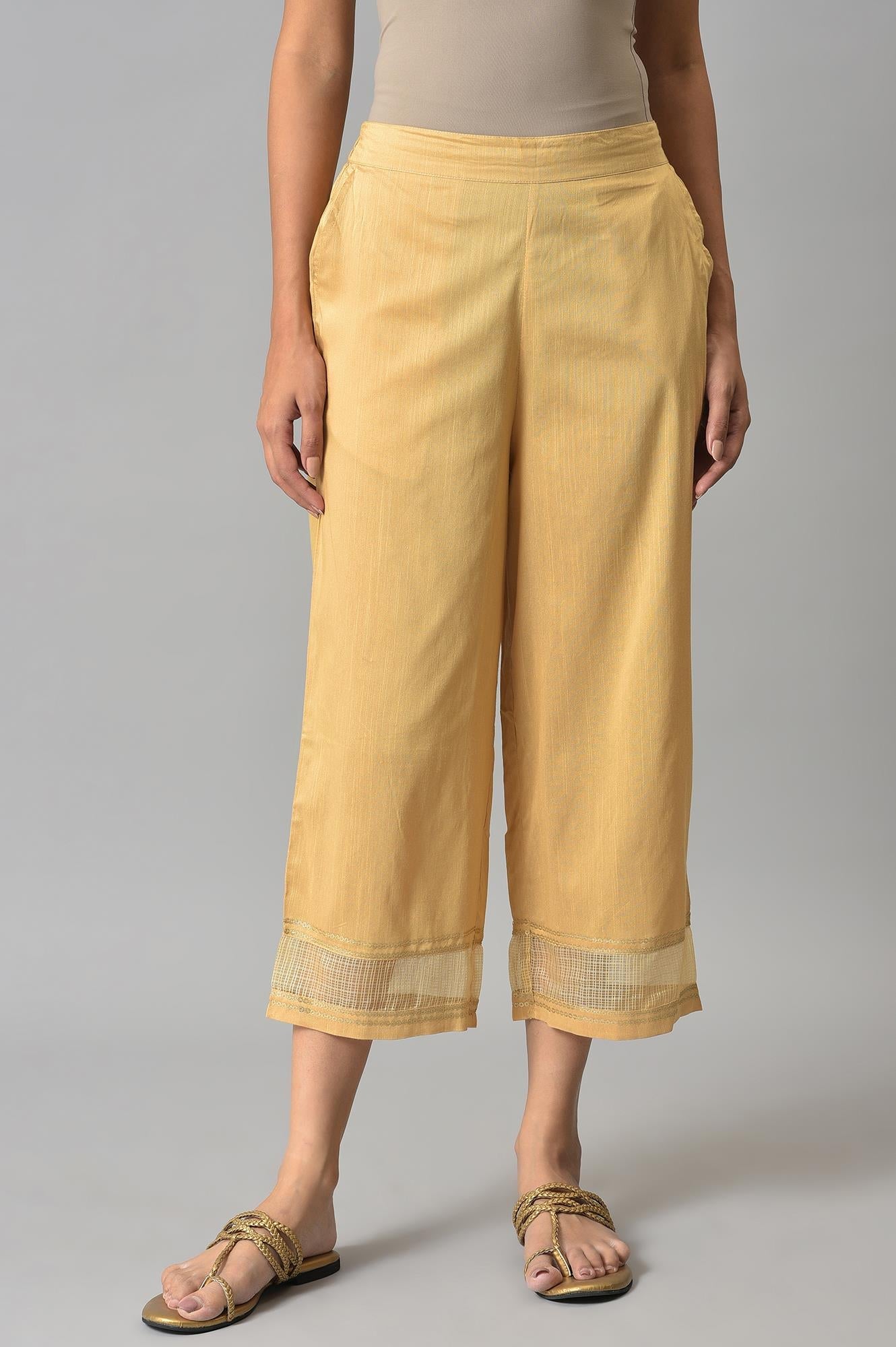 Gold Solid Straight Fit Culottes With Elasticated Waistband