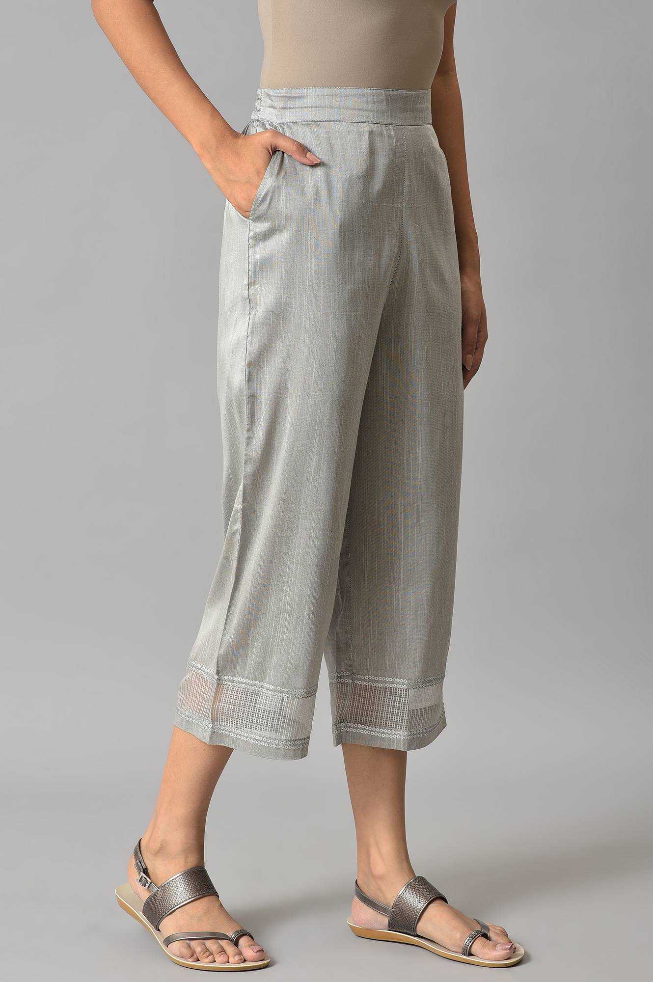 Grey Solid Straight Fit Culottes With Elasticated Waist
