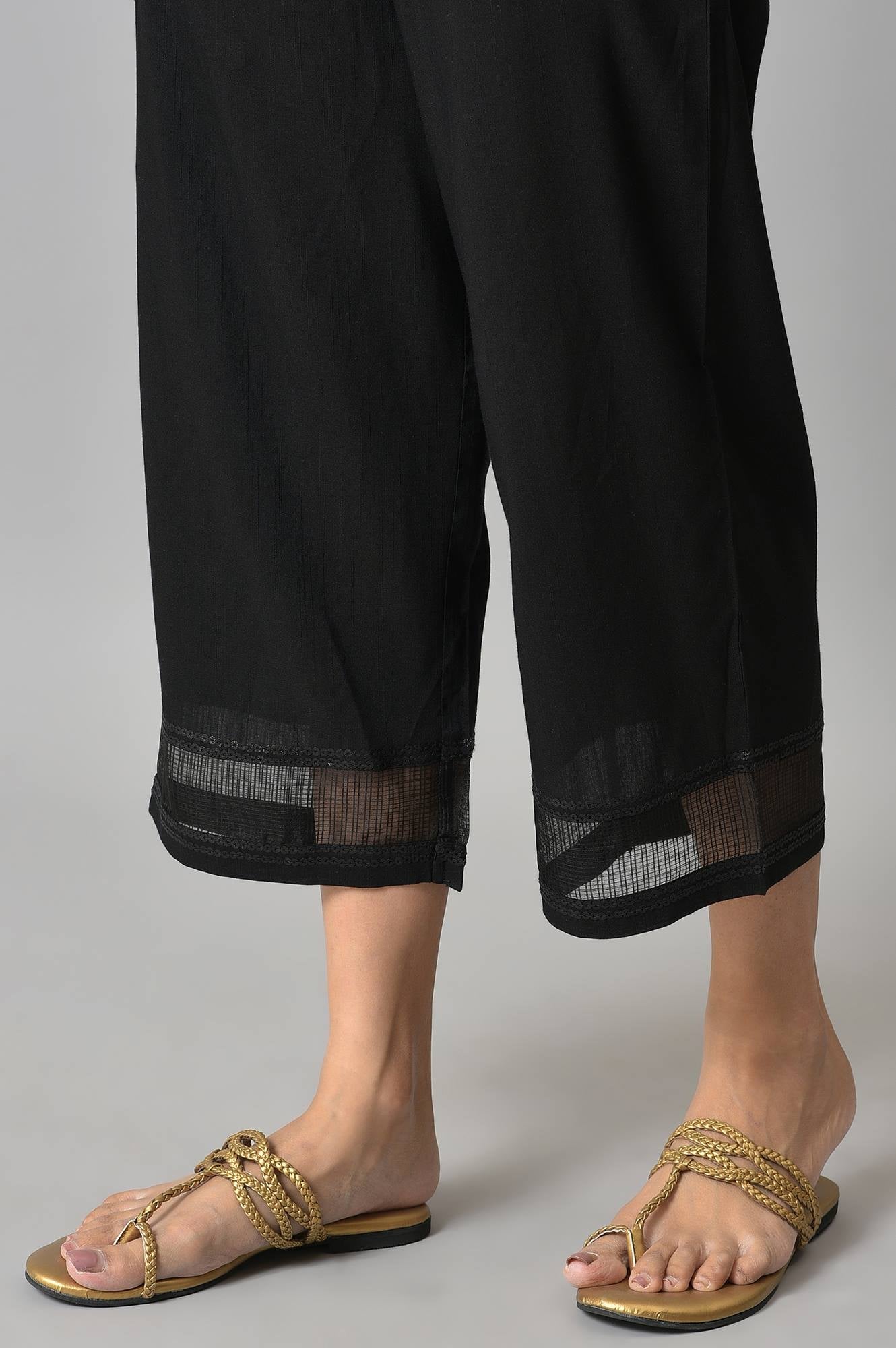 Black Solid Straight Fit Culottes With Sheer Hem Detail