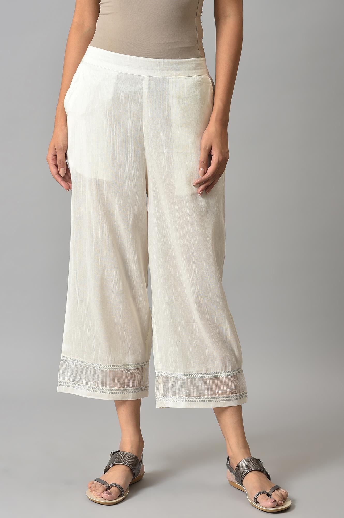 Off White Solid Wide-leg Cotton Culottes with Sheer Hem Detail