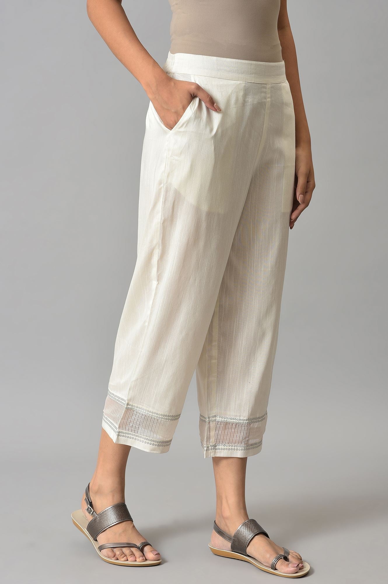 Off White Solid Wide-leg Cotton Culottes with Sheer Hem Detail