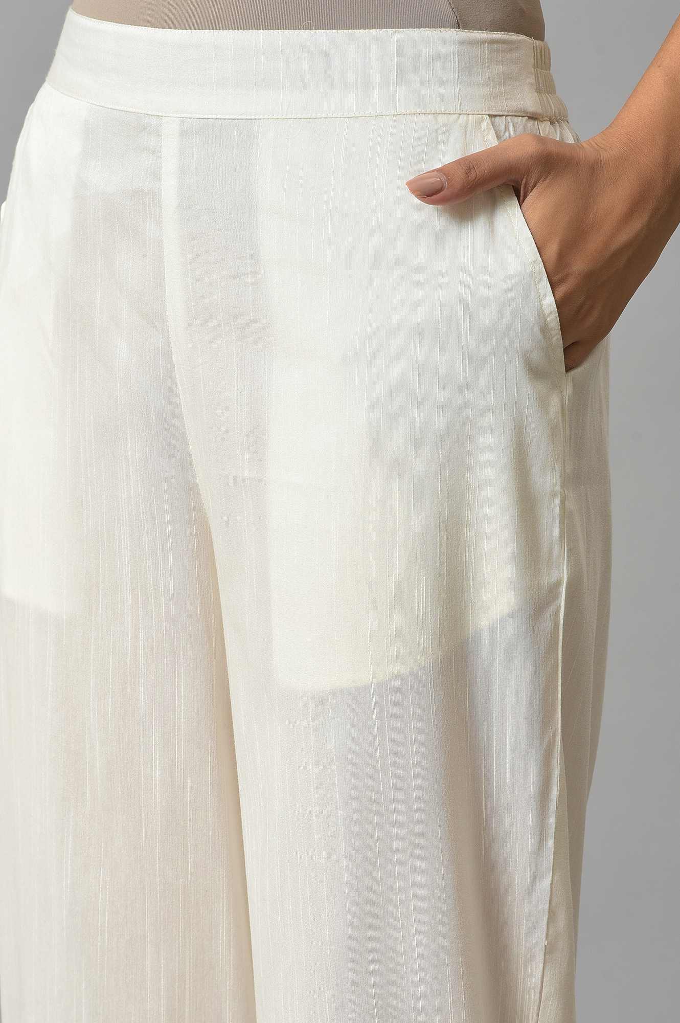 Off White Solid Wide-leg Cotton Culottes with Sheer Hem Detail