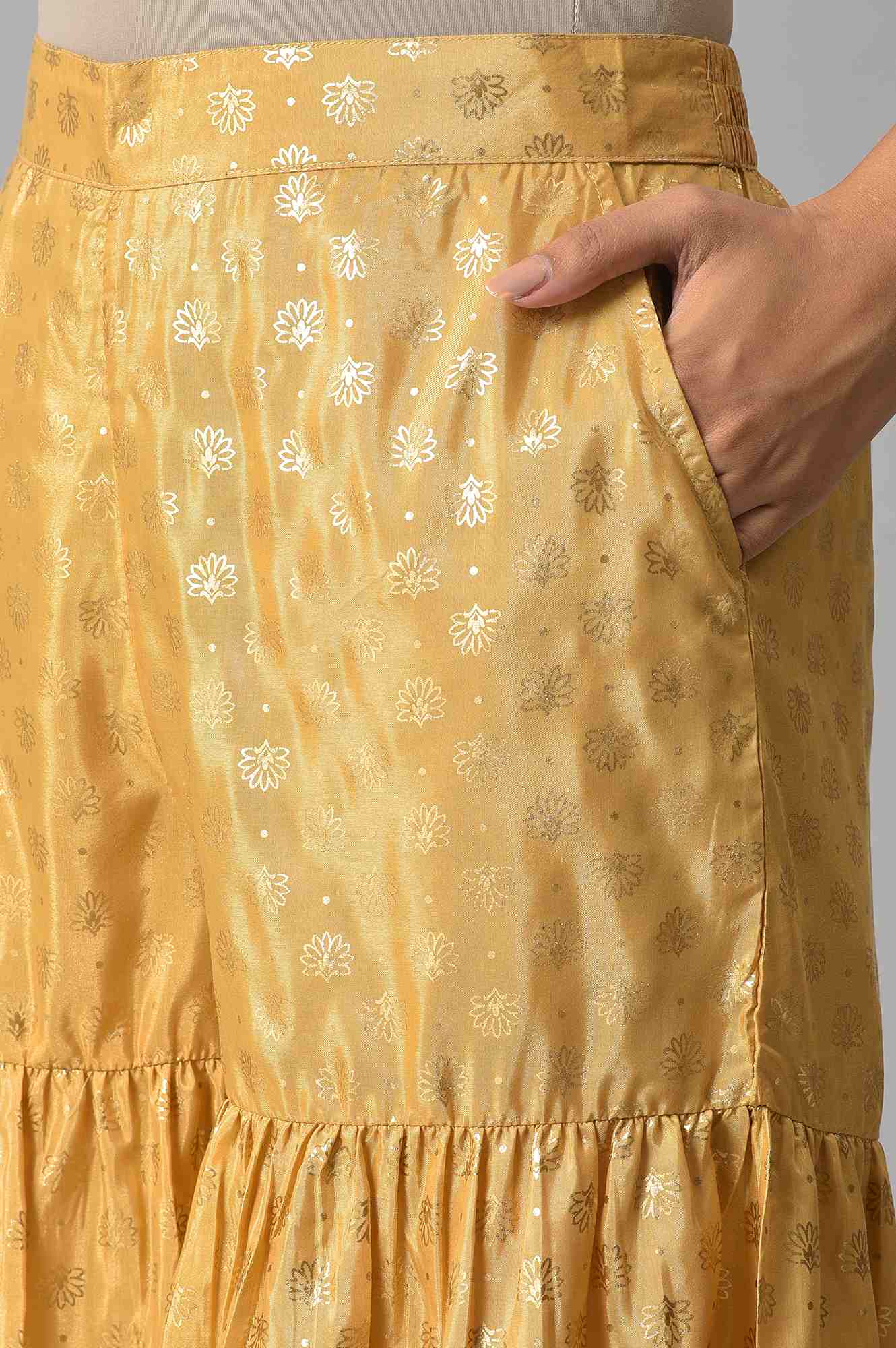 Gold Floral Printed Flared Silk Palazzo With Elasticated Waist