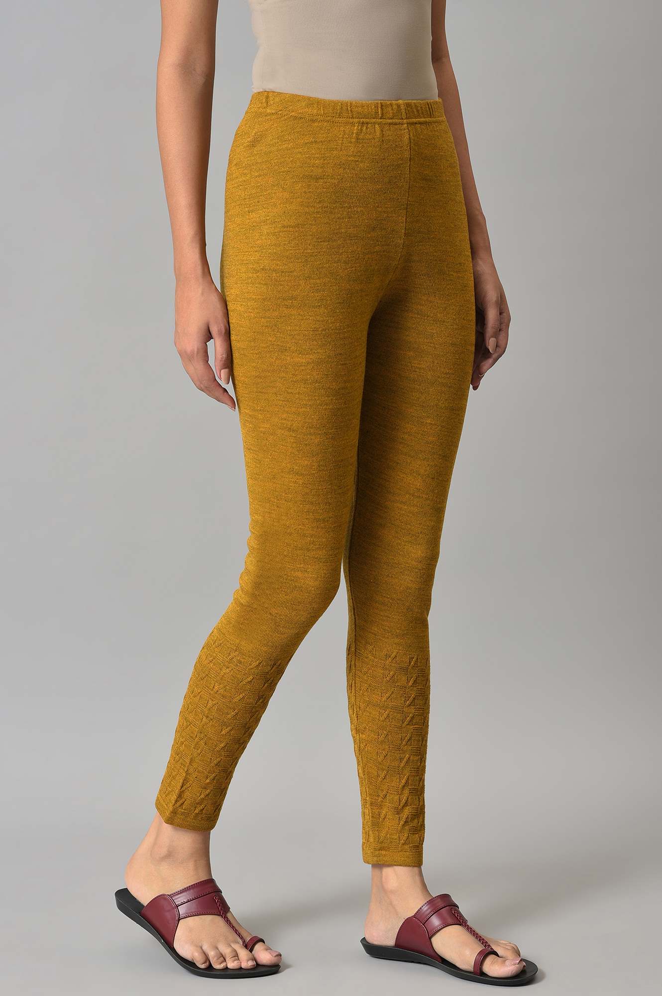 Mustard Solid Skinny Knit Tights with Elasticated Waistband