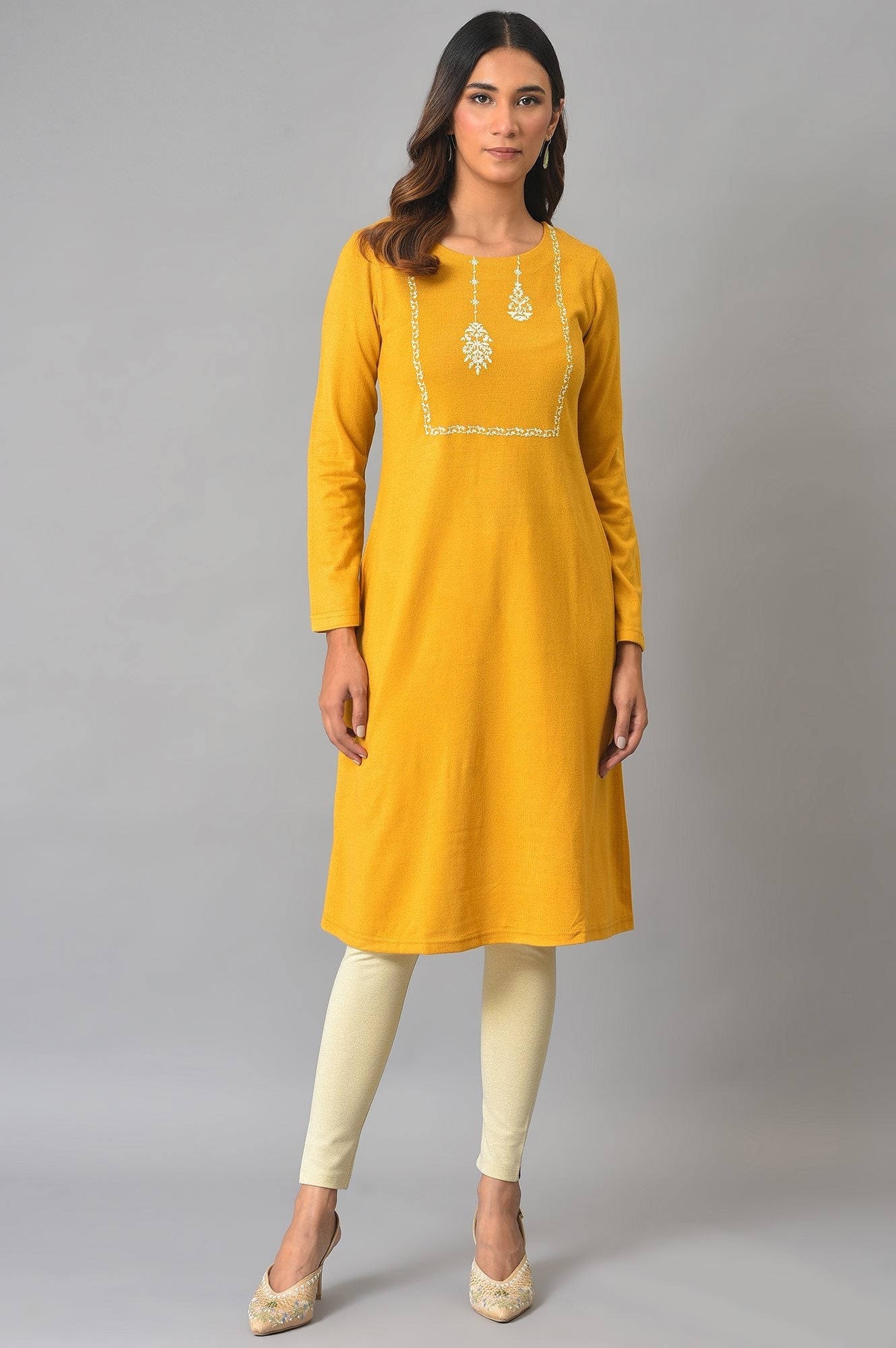 Cream Solid Skinny-fit Knit Tights with Elasticated Waist