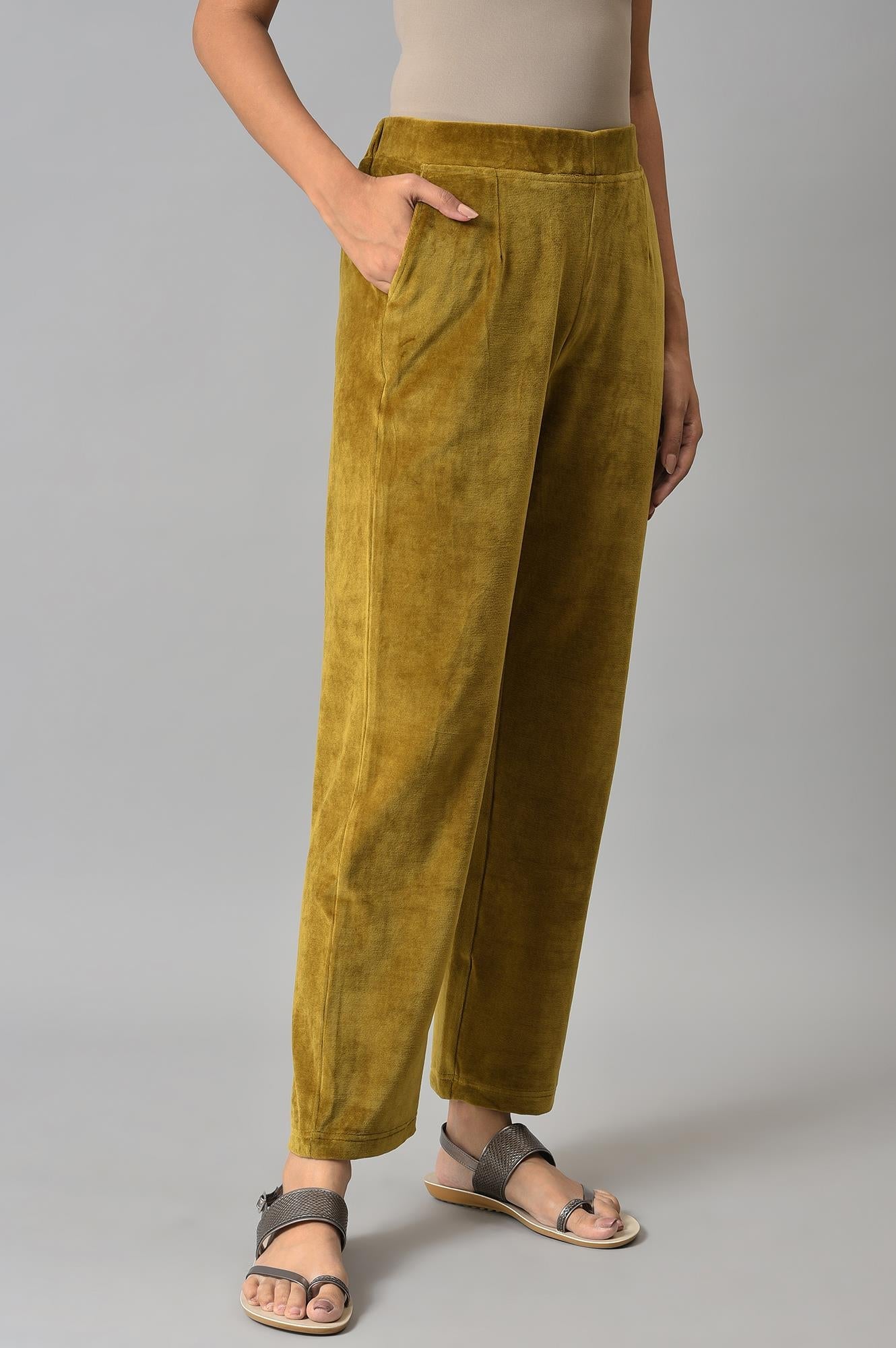 Muted Sage Green Solid Straight Fit Cotton Trousers With Elasticated Waist
