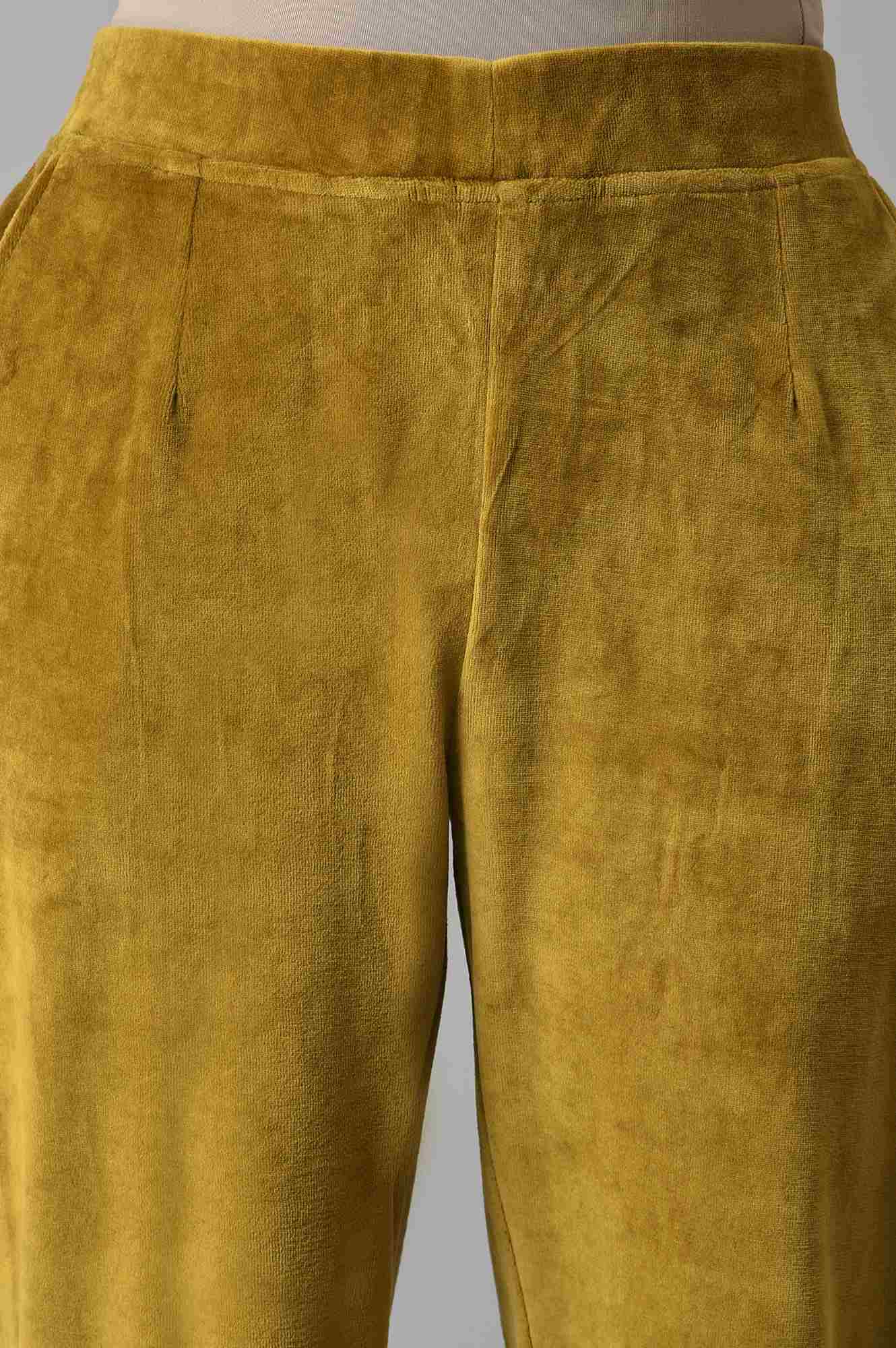 Muted Sage Green Solid Straight Fit Cotton Trousers With Elasticated Waist