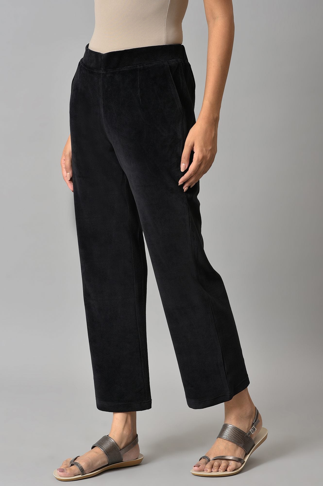 Black Solid Straight Fit Cotton Trousers With Elasticated Waist