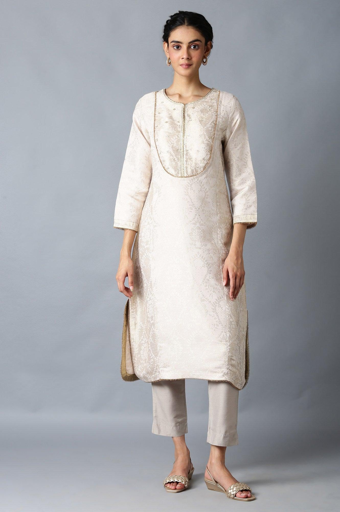 Light Pink Jacquard kurta In Round Neck - wforwoman