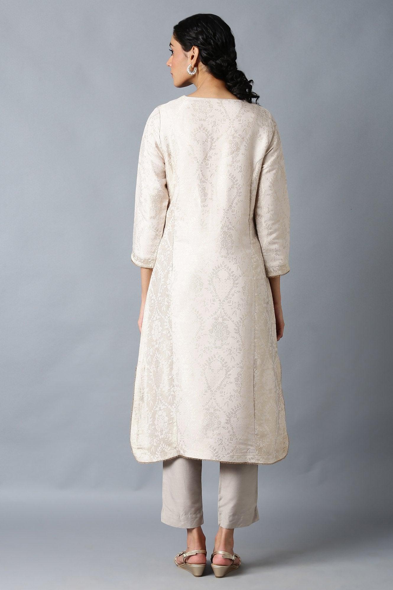 Light Pink Jacquard kurta In Round Neck - wforwoman