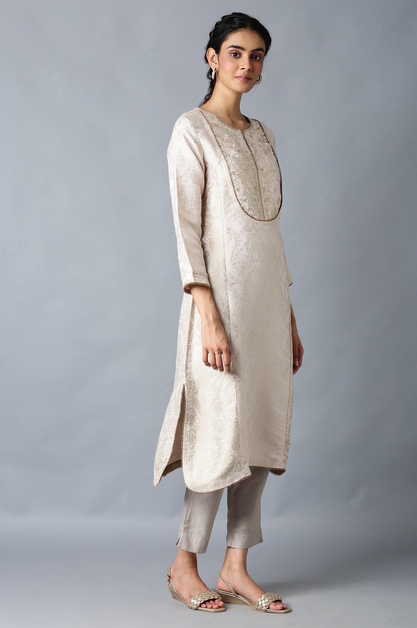 Light Pink Jacquard kurta In Round Neck - wforwoman