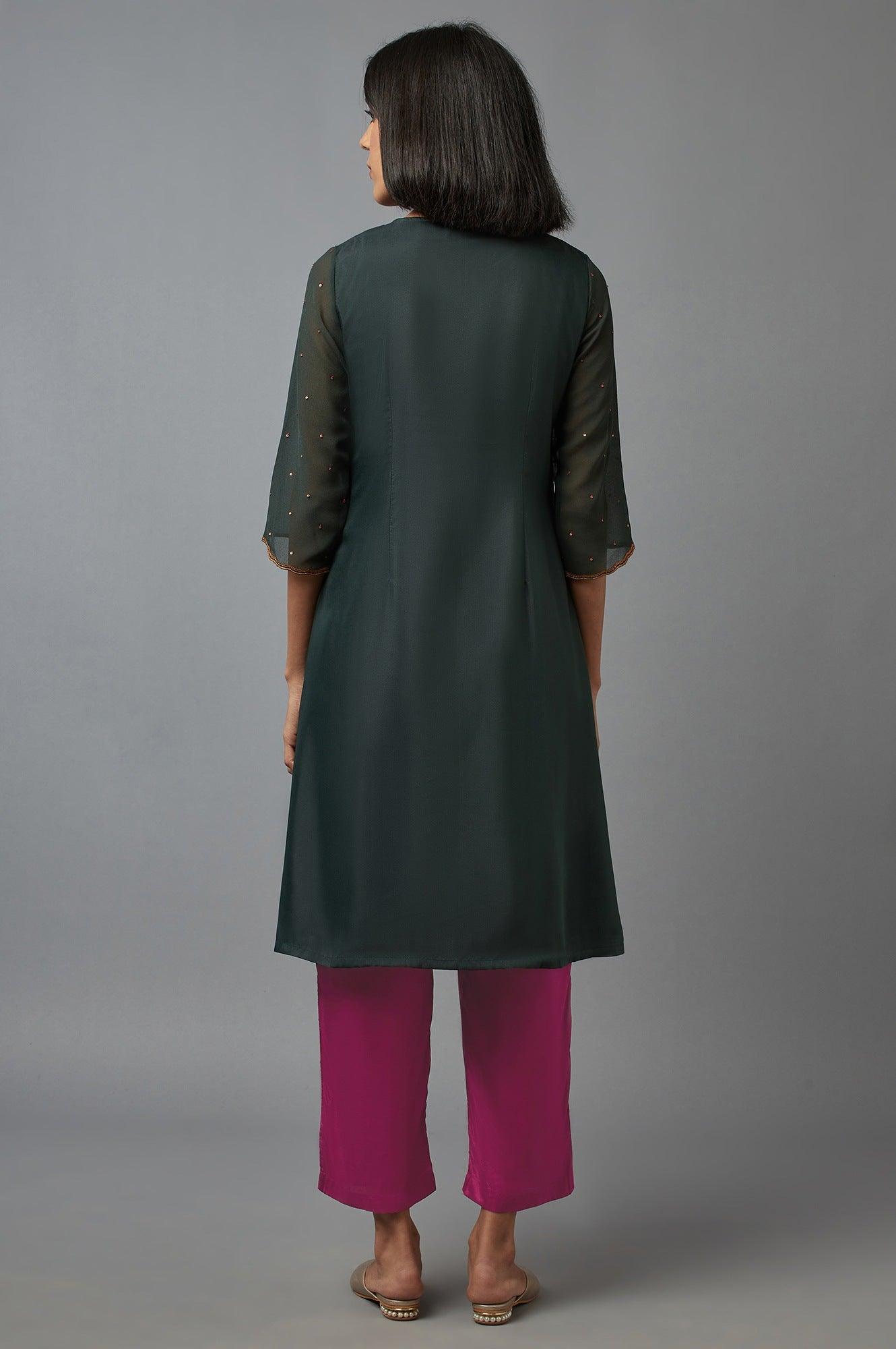 Bottle Green Mock Layer kurta - wforwoman