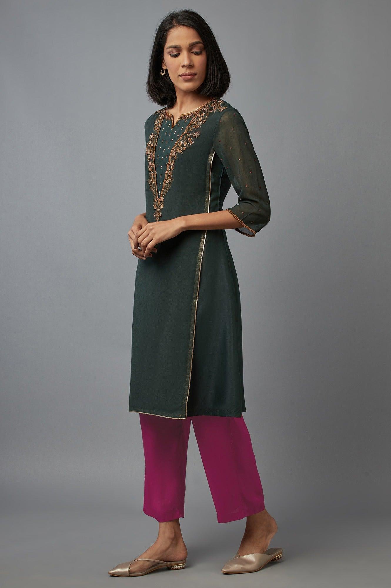 Bottle Green Mock Layer kurta - wforwoman