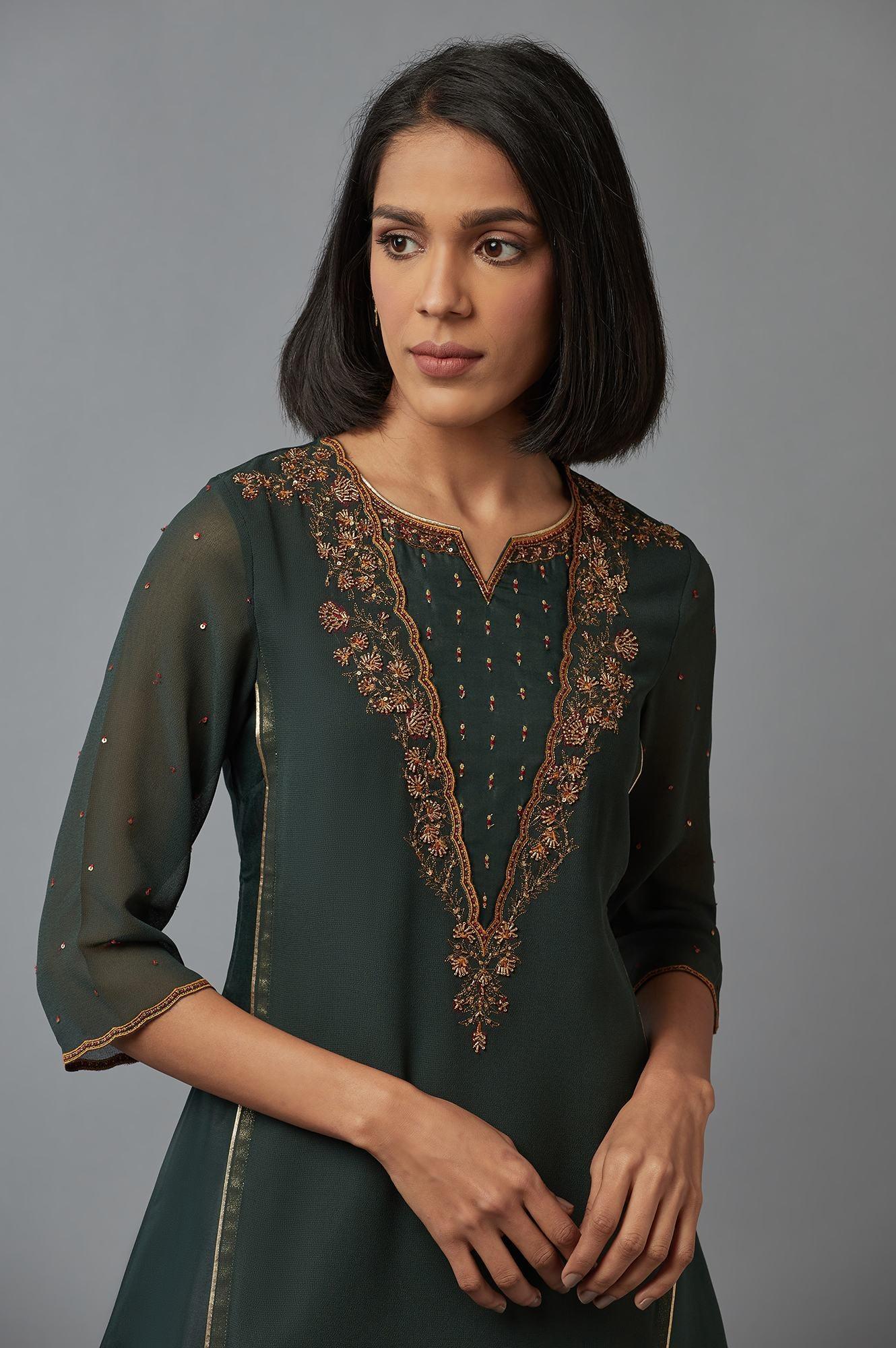 Bottle Green Mock Layer kurta - wforwoman