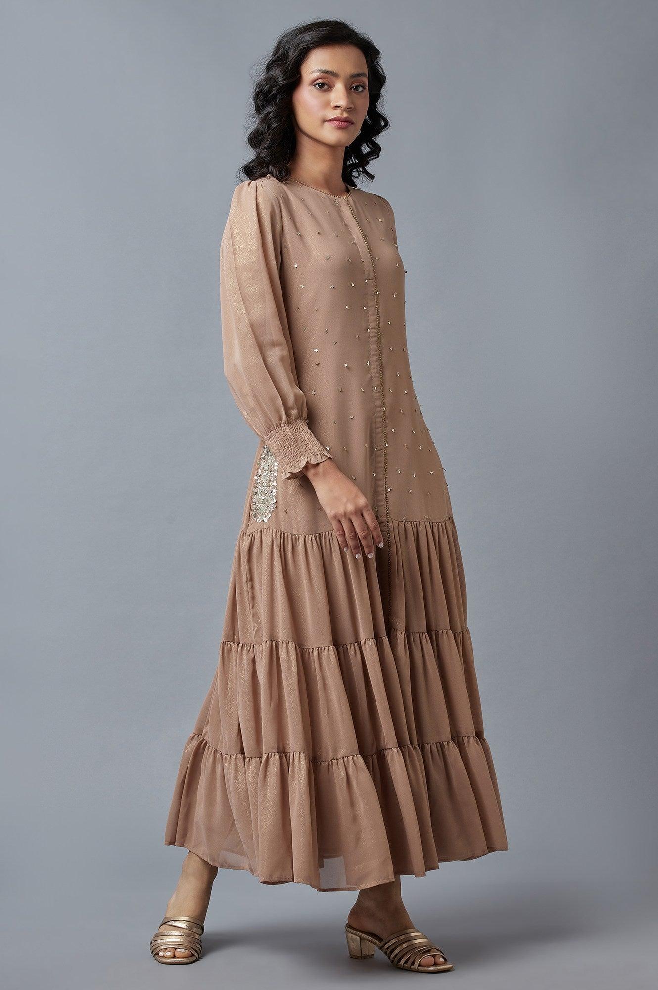 Pink Tiered Round Neck Dress With Metallic Embroidery - wforwoman