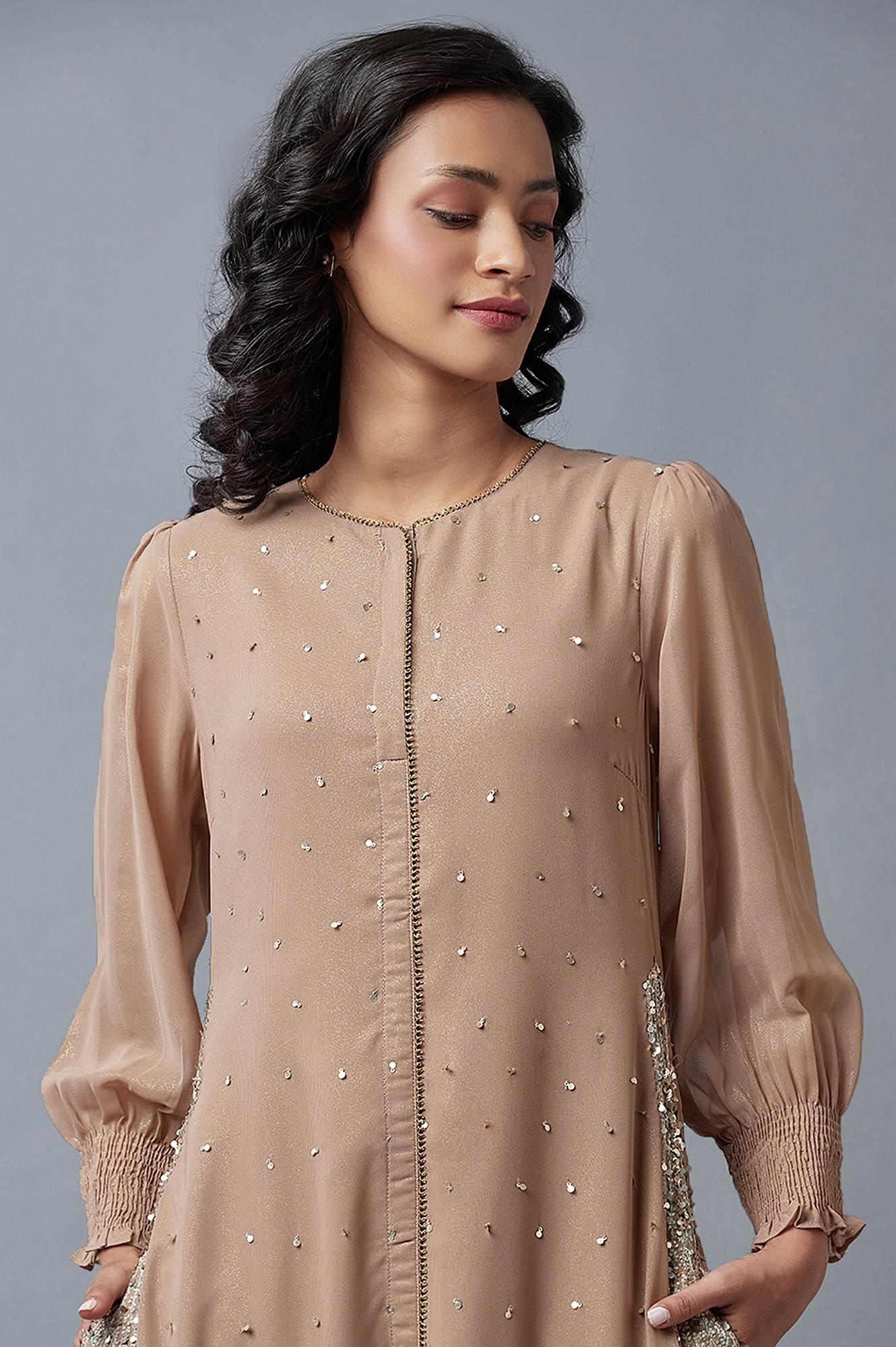 Pink Tiered Round Neck Dress With Metallic Embroidery - wforwoman