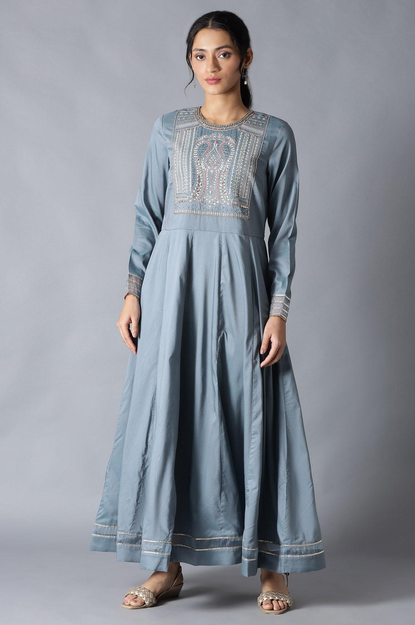 Blue Flared Round Neck Mughal Gown With Embroidery - wforwoman