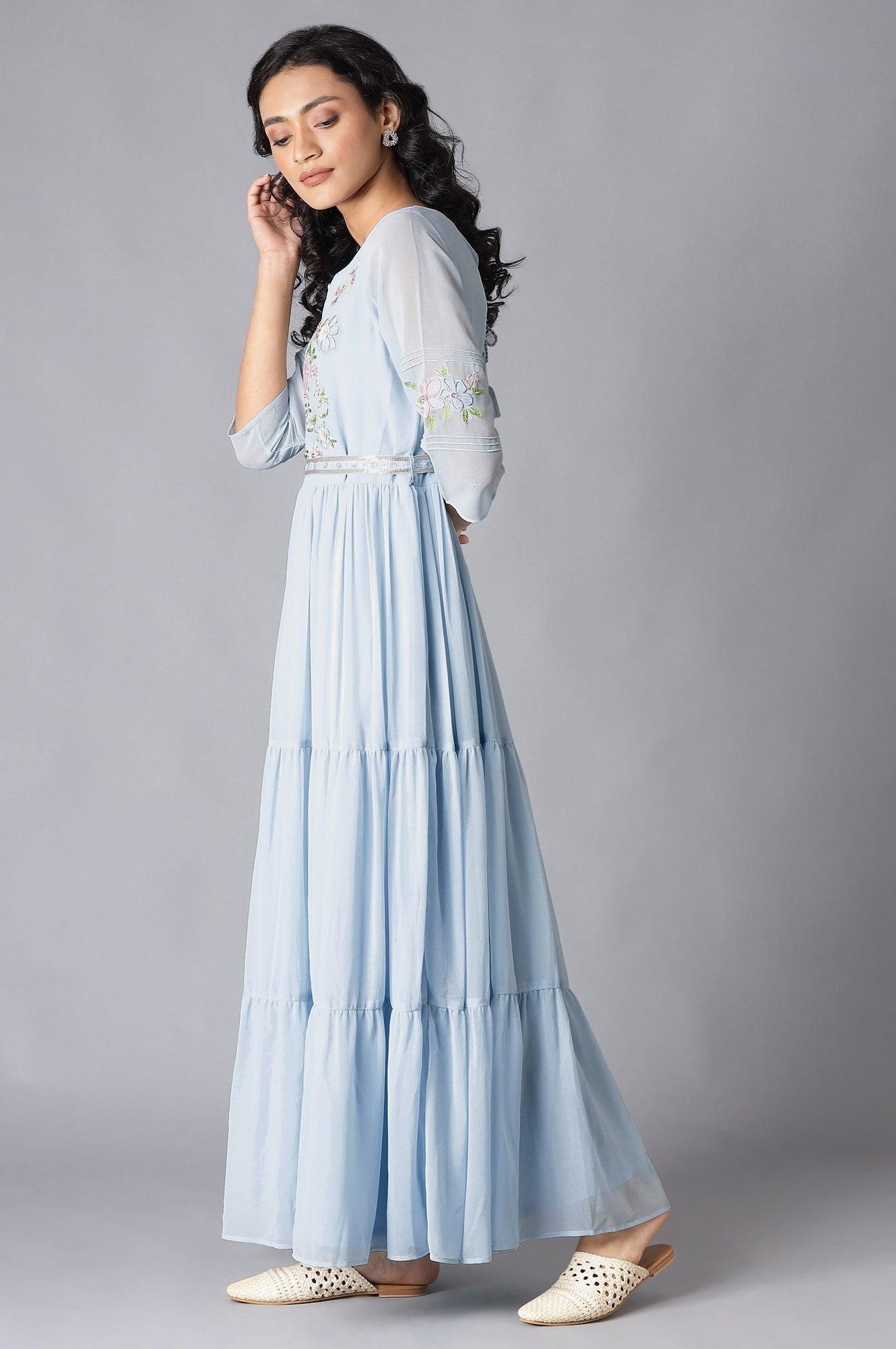 Blue Tiered Embroidered Dress With Belt - wforwoman