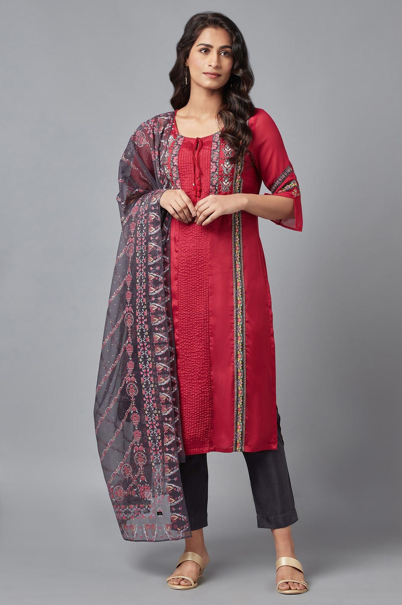 Red Printed kurta, Grey Slim Pants and Dupatta Set - wforwoman