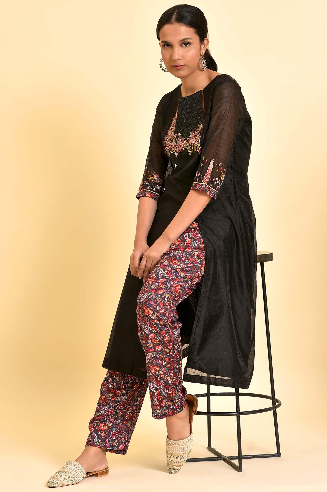 Black Chanderi kurta And Slim Pant Set - wforwoman