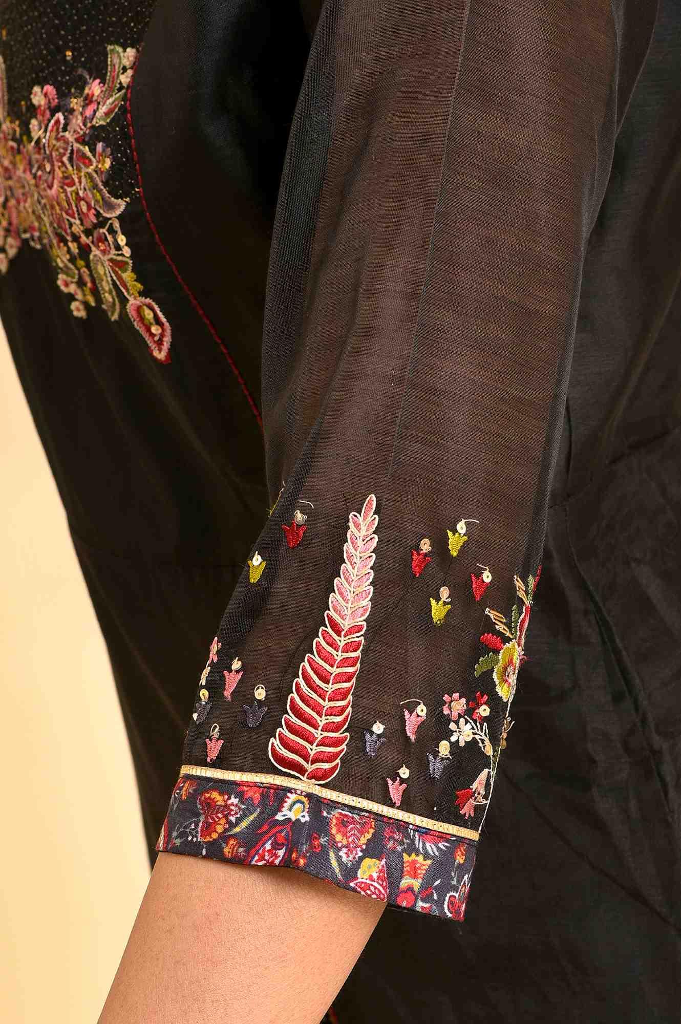 Black Chanderi kurta And Slim Pant Set - wforwoman