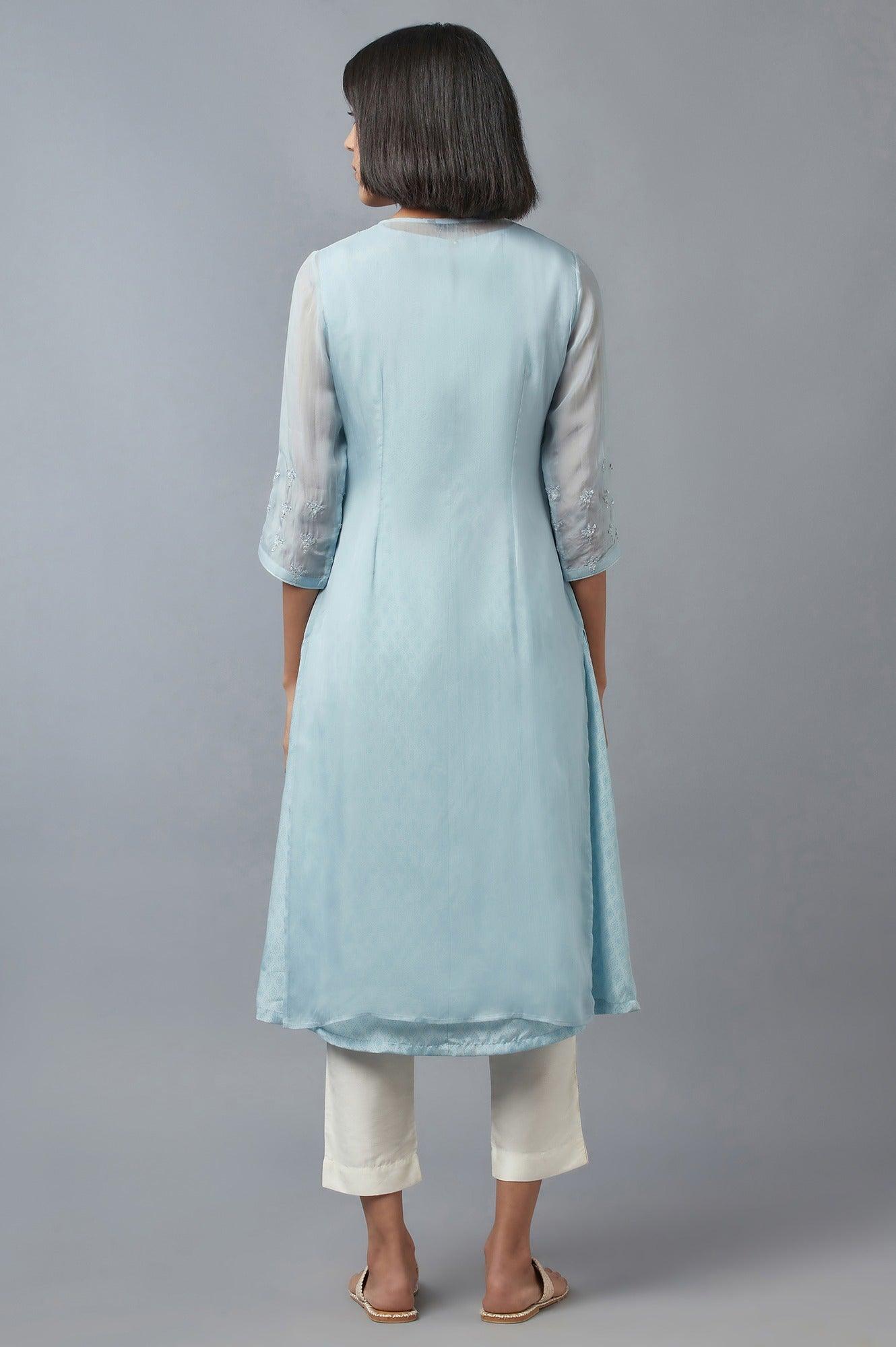 Blue Embroidered Gillet, kurta & Pants Set - wforwoman