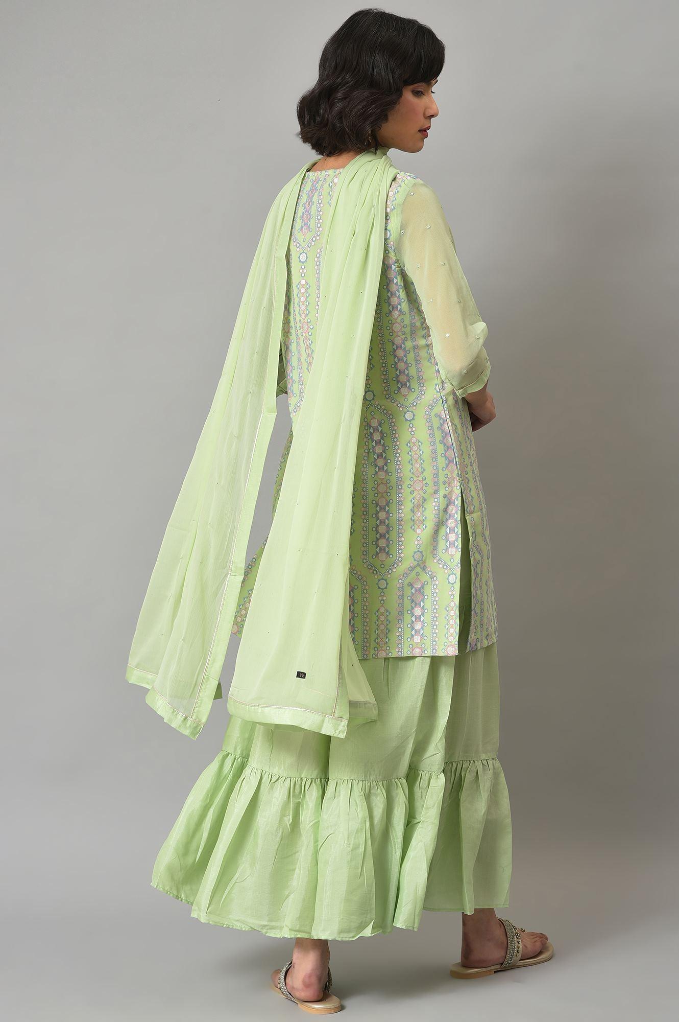 Green Printed kurta, Sharara And Dupatta Set - wforwoman