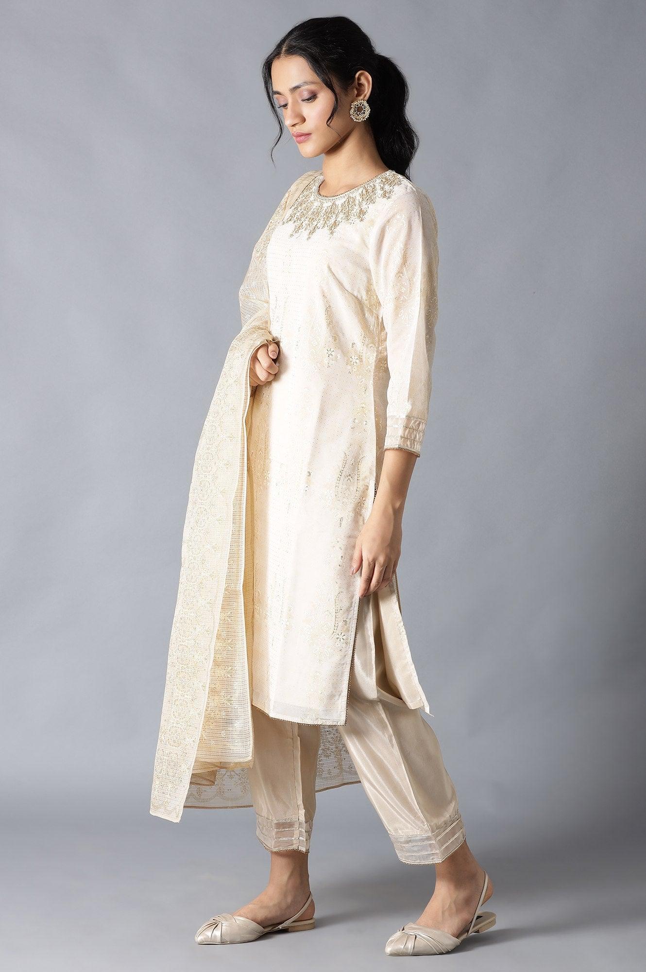 Ecru And Beige Heavy Festive kurta With Parallel Pants And Dupatta - wforwoman