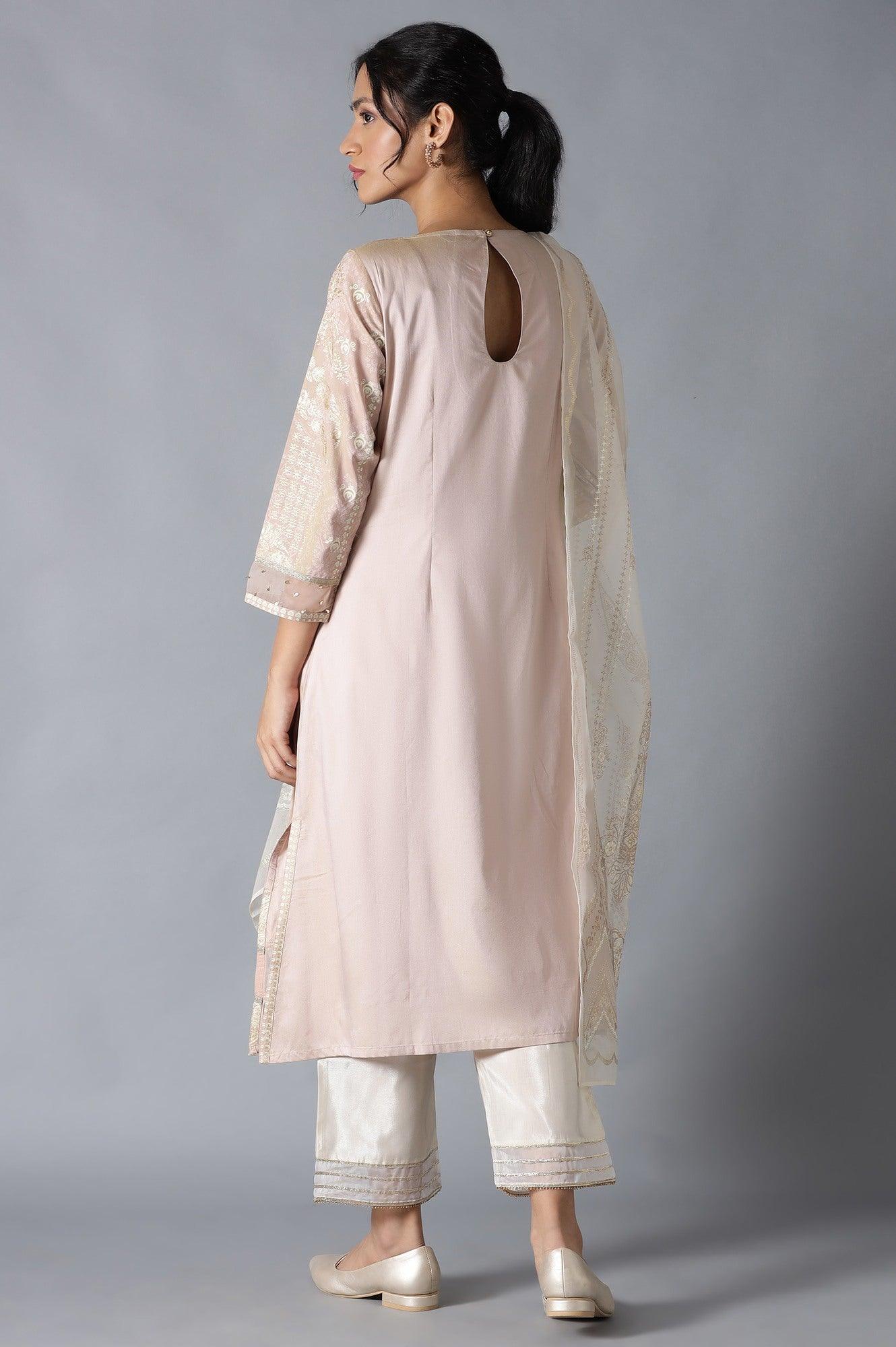 Pink A-Line Round Neck kurta With Parallel Pants And Organza Dupatta - wforwoman